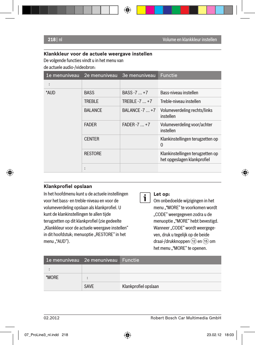 218 | nl02.2012 Robert Bosch Car Multimedia GmbHKlankkleur voor de actuele weergave instellenDe volgende functies vindt u in het menu van de actuele audio-/videobron:1e menuniveau 2e menuniveau 3e menuniveau Functie   :*AUD BASS BASS -7 ... +7 Bass-niveau instellenTREBLE TREBLE -7 ... +7 Treble-niveau instellenBALANCE BALANCE -7 ... +7 Volumeverdeling rechts/links instellenFADER FADER -7 ... +7 Volumeverdeling voor/achter instellenCENTER Klankinstellingen terugzetten op 0RESTORE Klankinstellingen terugzetten op het opgeslagen klankproﬁel:Klankproﬁel opslaanVolume en klankkleur instellenIn het hoofdmenu kunt u de actuele instellingen voor het bass- en treble-niveau en voor de volumeverdeling opslaan als klankproﬁel. U kunt de klankinstellingen te allen tijde terugzetten op dit klankproﬁel (zie gedeelte „Klankkleur voor de actuele weergave instellen“ in dit hoofdstuk; menuoptie „RESTORE“ in het menu „*AUD“).Let op:Om onbedoelde wijzigingen in het menu „*MORE“ te voorkomen wordt „CODE“ weergegeven zodra u de menuoptie „*MORE“ hebt bevestigd. Wanneer „CODE“ wordt weergege-ven, druk u tegelijk op de beide draai-/drukknoppen &lt; en ? om het menu „*MORE“ te openen.1e menuniveau 2e menuniveau Functie   :*MORE    :SAVE Klankproﬁel opslaan07_ProLine3_nl.indd   218 23.02.12   18:03