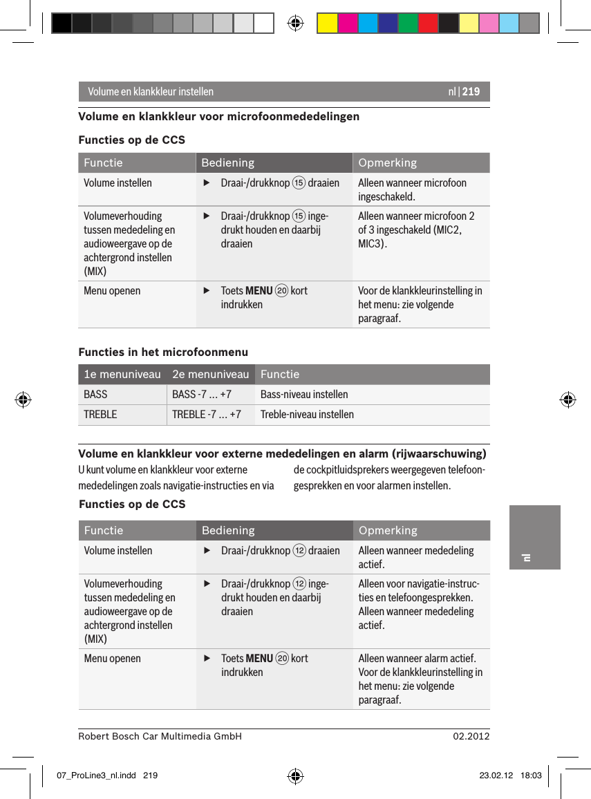 nl | 21902.2012Robert Bosch Car Multimedia GmbHnlVolume en klankkleur instellenVolume en klankkleur voor microfoonmededelingenFuncties op de CCSFunctie Bediening OpmerkingVolume instellen  fDraai-/drukknop ? draaien Alleen wanneer microfoon ingeschakeld.Volumeverhouding tussen mededeling en audioweergave op de achtergrond instellen (MIX) fDraai-/drukknop ? inge-drukt houden en daarbij draaienAlleen wanneer microfoon 2 of 3 ingeschakeld (MIC2, MIC3).Menu openen  fToets MENU D kort indrukkenVoor de klankkleurinstelling in het menu: zie volgende paragraaf.Functies in het microfoonmenu1e menuniveau 2e menuniveau FunctieBASS BASS -7 ... +7 Bass-niveau instellenTREBLE TREBLE -7 ... +7 Treble-niveau instellenVolume en klankkleur voor externe mededelingen en alarm (rijwaarschuwing)U kunt volume en klankkleur voor externe mededelingen zoals navigatie-instructies en via de cockpitluidsprekers weergegeven telefoon-gesprekken en voor alarmen instellen.Functies op de CCSFunctie Bediening OpmerkingVolume instellen  fDraai-/drukknop &lt; draaien Alleen wanneer mededeling actief.Volumeverhouding tussen mededeling en audioweergave op de achtergrond instellen (MIX) fDraai-/drukknop &lt; inge-drukt houden en daarbij draaienAlleen voor navigatie-instruc-ties en telefoongesprekken.Alleen wanneer mededeling actief.Menu openen  fToets MENU D kort indrukkenAlleen wanneer alarm actief. Voor de klankkleurinstelling in het menu: zie volgende paragraaf.07_ProLine3_nl.indd   219 23.02.12   18:03