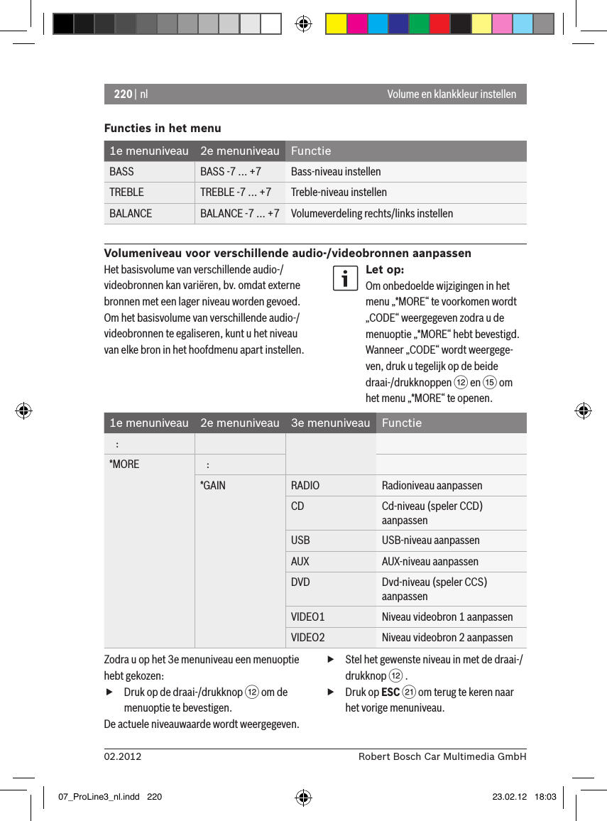 220 | nl02.2012 Robert Bosch Car Multimedia GmbHFuncties in het menu1e menuniveau 2e menuniveau FunctieBASS BASS -7 ... +7 Bass-niveau instellenTREBLE TREBLE -7 ... +7 Treble-niveau instellenBALANCE BALANCE -7 ... +7 Volumeverdeling rechts/links instellenVolumeniveau voor verschillende audio-/videobronnen aanpassenVolume en klankkleur instellenHet basisvolume van verschillende audio-/videobronnen kan variëren, bv. omdat externe bronnen met een lager niveau worden gevoed. Om het basisvolume van verschillende audio-/videobronnen te egaliseren, kunt u het niveau van elke bron in het hoofdmenu apart instellen.Let op:Om onbedoelde wijzigingen in het menu „*MORE“ te voorkomen wordt „CODE“ weergegeven zodra u de menuoptie „*MORE“ hebt bevestigd. Wanneer „CODE“ wordt weergege-ven, druk u tegelijk op de beide draai-/drukknoppen &lt; en ? om het menu „*MORE“ te openen.1e menuniveau 2e menuniveau 3e menuniveau Functie   :*MORE    :*GAIN RADIO Radioniveau aanpassenCD Cd-niveau (speler CCD) aanpassenUSB USB-niveau aanpassenAUX AUX-niveau aanpassenDVD Dvd-niveau (speler CCS) aanpassenVIDEO1 Niveau videobron 1 aanpassenVIDEO2 Niveau videobron 2 aanpassenZodra u op het 3e menuniveau een menuoptie hebt gekozen: fDruk op de draai-/drukknop &lt; om de menuoptie te bevestigen.De actuele niveauwaarde wordt weergegeven. fStel het gewenste niveau in met de draai-/drukknop &lt; . fDruk op ESC E om terug te keren naar het vorige menuniveau.07_ProLine3_nl.indd   220 23.02.12   18:03