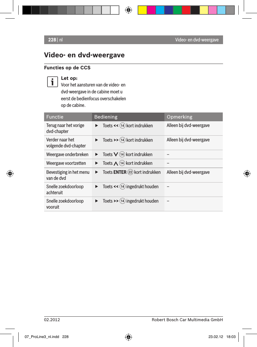 228 | nl02.2012 Robert Bosch Car Multimedia GmbHVideo- en dvd-weergaveFuncties op de CCSLet op:Voor het aansturen van de video- en dvd-weergave in de cabine moet u eerst de bedienfocus overschakelen op de cabine. Functie Bediening OpmerkingTerug naar het vorige dvd-chapter fToets &lt;&lt; &gt; kort indrukken Alleen bij dvd-weergaveVerder naar het volgende dvd-chapter fToets &gt;&gt; &gt; kort indrukken Alleen bij dvd-weergaveWeergave onderbreken  fToets   &gt; kort indrukken –Weergave voortzetten  fToets   &gt; kort indrukken –Bevestiging in het menu van de dvd fToets ENTER F kort indrukken Alleen bij dvd-weergaveSnelle zoekdoorloop achteruit fToets &lt;&lt; &gt; ingedrukt houden –Snelle zoekdoorloop vooruit fToets &gt;&gt; &gt; ingedrukt houden –Video- en dvd-weergave07_ProLine3_nl.indd   228 23.02.12   18:03