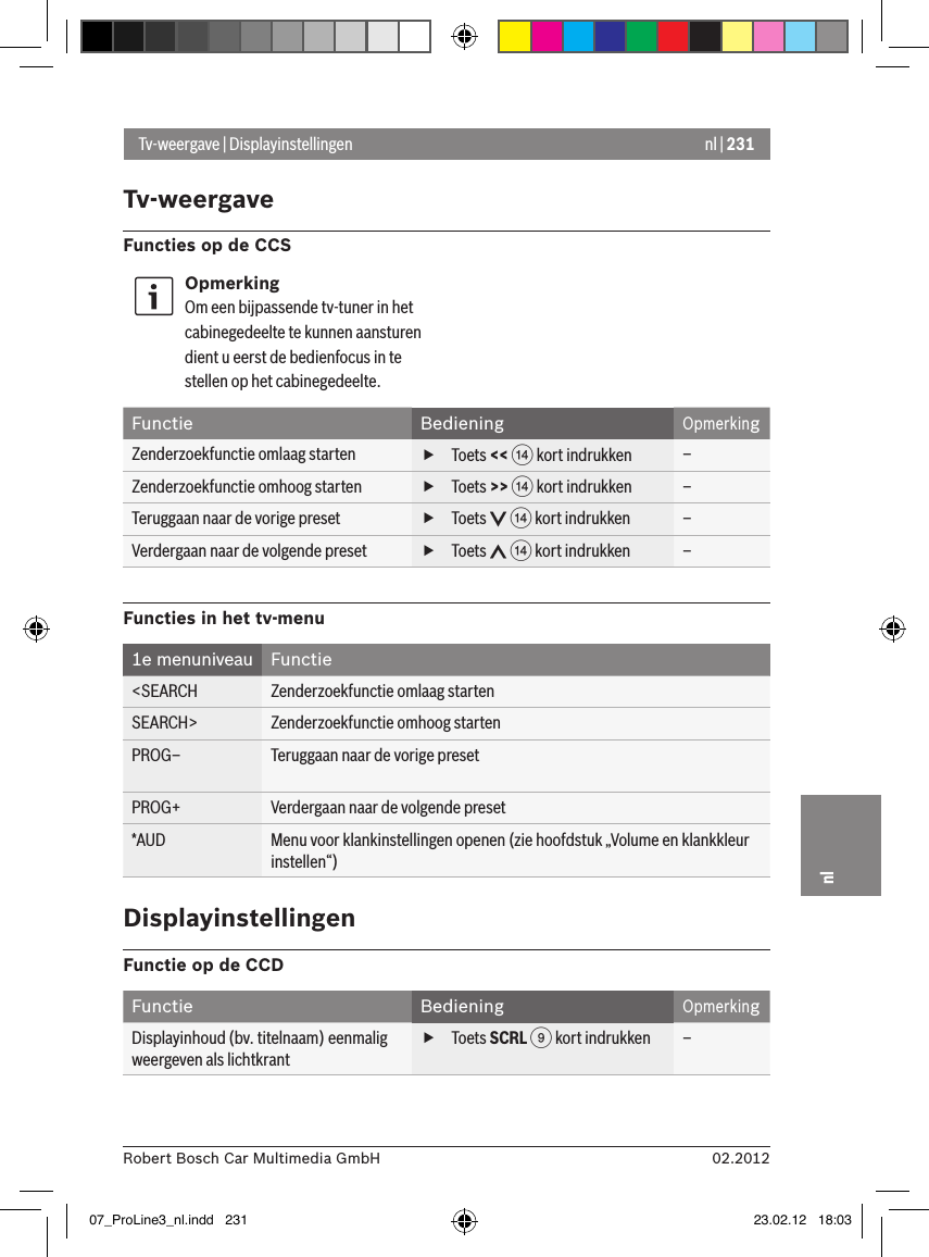 nl | 23102.2012Robert Bosch Car Multimedia GmbHnlTv-weergave | DisplayinstellingenTv-weergaveFuncties op de CCSOpmerkingOm een bijpassende tv-tuner in het cabinegedeelte te kunnen aansturen dient u eerst de bedienfocus in te stellen op het cabinegedeelte.Functie BedieningOpmerkingZenderzoekfunctie omlaag starten  fToets &lt;&lt; &gt; kort indrukken –Zenderzoekfunctie omhoog starten  fToets &gt;&gt; &gt; kort indrukken –Teruggaan naar de vorige preset  fToets   &gt; kort indrukken –Verdergaan naar de volgende preset  fToets   &gt; kort indrukken –Functies in het tv-menu1e menuniveau Functie&lt;SEARCH Zenderzoekfunctie omlaag startenSEARCH&gt; Zenderzoekfunctie omhoog startenPROG– Teruggaan naar de vorige presetPROG+ Verdergaan naar de volgende preset*AUD Menu voor klankinstellingen openen (zie hoofdstuk „Volume en klankkleur instellen“)DisplayinstellingenFunctie op de CCDFunctie BedieningOpmerkingDisplayinhoud (bv. titelnaam) eenmalig weergeven als lichtkrant fToets SCRL 9 kort indrukken –07_ProLine3_nl.indd   231 23.02.12   18:03