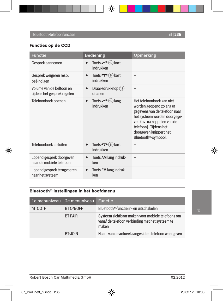 nl | 23502.2012Robert Bosch Car Multimedia GmbHnlBluetooth-telefoonfunctiesFuncties op de CCDFunctie Bediening OpmerkingGesprek aannemen  fToets   : kort indrukken–Gesprek weigeren resp. beëindigen fToets   6 kort indrukken–Volume van de beltoon en tijdens het gesprek regelen fDraai-/drukknop &lt; draaien–Telefoonboek openen  fToets   : lang indrukkenHet telefoonboek kan niet worden geopend zolang er gegevens van de telefoon naar het systeem worden doorgege-ven (bv. na koppelen van de telefoon). Tijdens het doorgeven knippert het Bluetooth®-symbool.Telefoonboek afsluiten  fToets   6 kort indrukken–Lopend gesprek doorgeven naar de mobiele telefoon fToets AM lang indruk-ken–Lopend gesprek terugvoeren naar het systeem fToets FM lang indruk-ken–Bluetooth®-instellingen in het hoofdmenu 1e menuniveau 2e menuniveau Functie*BTOOTH BT ON/OFF Bluetooth®-functie in- en uitschakelenBT-PAIR Systeem zichtbaar maken voor mobiele telefoons om vanaf de telefoon verbinding met het systeem te makenBT-JOIN Naam van de actueel aangesloten telefoon weergeven07_ProLine3_nl.indd   235 23.02.12   18:03