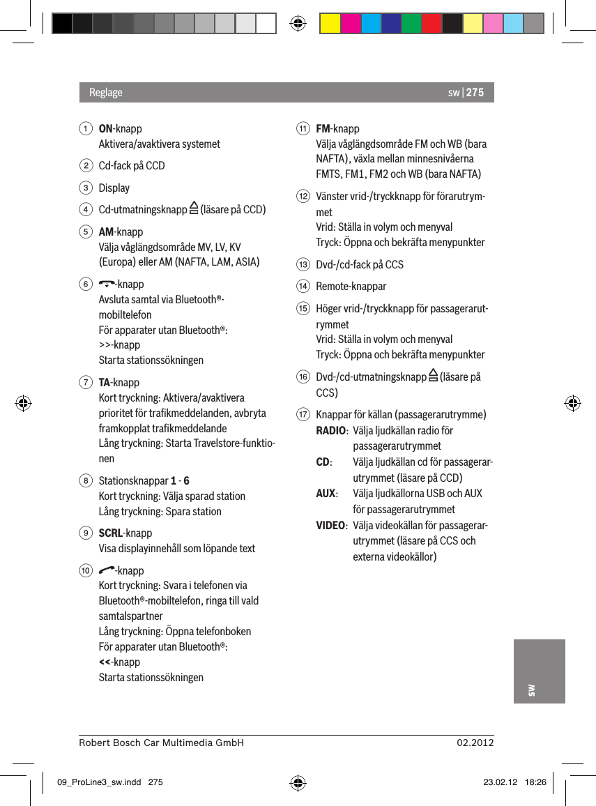 sw | 27502.2012Robert Bosch Car Multimedia GmbHsw1 ON-knapp Aktivera/avaktivera systemet2  Cd-fack på CCD3  Display4  Cd-utmatningsknapp   (läsare på CCD)5 AM-knappVälja våglängdsområde MV, LV, KV (Europa) eller AM (NAFTA, LAM, ASIA)6  -knappAvsluta samtal via Bluetooth®-mobiltelefon För apparater utan Bluetooth®:&gt;&gt;-knappStarta stationssökningen7 TA-knappKort tryckning: Aktivera/avaktivera prioritet för traﬁkmeddelanden, avbryta framkopplat traﬁkmeddelandeLång tryckning: Starta Travelstore-funktio-nen8  Stationsknappar 1 - 6Kort tryckning: Välja sparad stationLång tryckning: Spara station9 SCRL-knappVisa displayinnehåll som löpande text:  -knappKort tryckning: Svara i telefonen via Bluetooth®-mobiltelefon, ringa till vald samtalspartnerLång tryckning: Öppna telefonbokenFör apparater utan Bluetooth®:&lt;&lt;-knappStarta stationssökningen; FM-knappVälja våglängdsområde FM och WB (bara NAFTA), växla mellan minnesnivåerna FMTS, FM1, FM2 och WB (bara NAFTA)&lt;  Vänster vrid-/tryckknapp för förarutrym-metVrid: Ställa in volym och menyvalTryck: Öppna och bekräfta menypunkter=  Dvd-/cd-fack på CCS&gt;  Remote-knappar ?  Höger vrid-/tryckknapp för passagerarut-rymmetVrid: Ställa in volym och menyvalTryck: Öppna och bekräfta menypunkter@  Dvd-/cd-utmatningsknapp   (läsare på CCS)A  Knappar för källan (passagerarutrymme)RADIO:  Välja ljudkällan radio för passagerarutrymmetCD:   Välja ljudkällan cd för passagerar-utrymmet (läsare på CCD)AUX:  Välja ljudkällorna USB och AUX för passagerarutrymmetVIDEO:  Välja videokällan för passagerar-utrymmet (läsare på CCS och externa videokällor)Reglage09_ProLine3_sw.indd   275 23.02.12   18:26