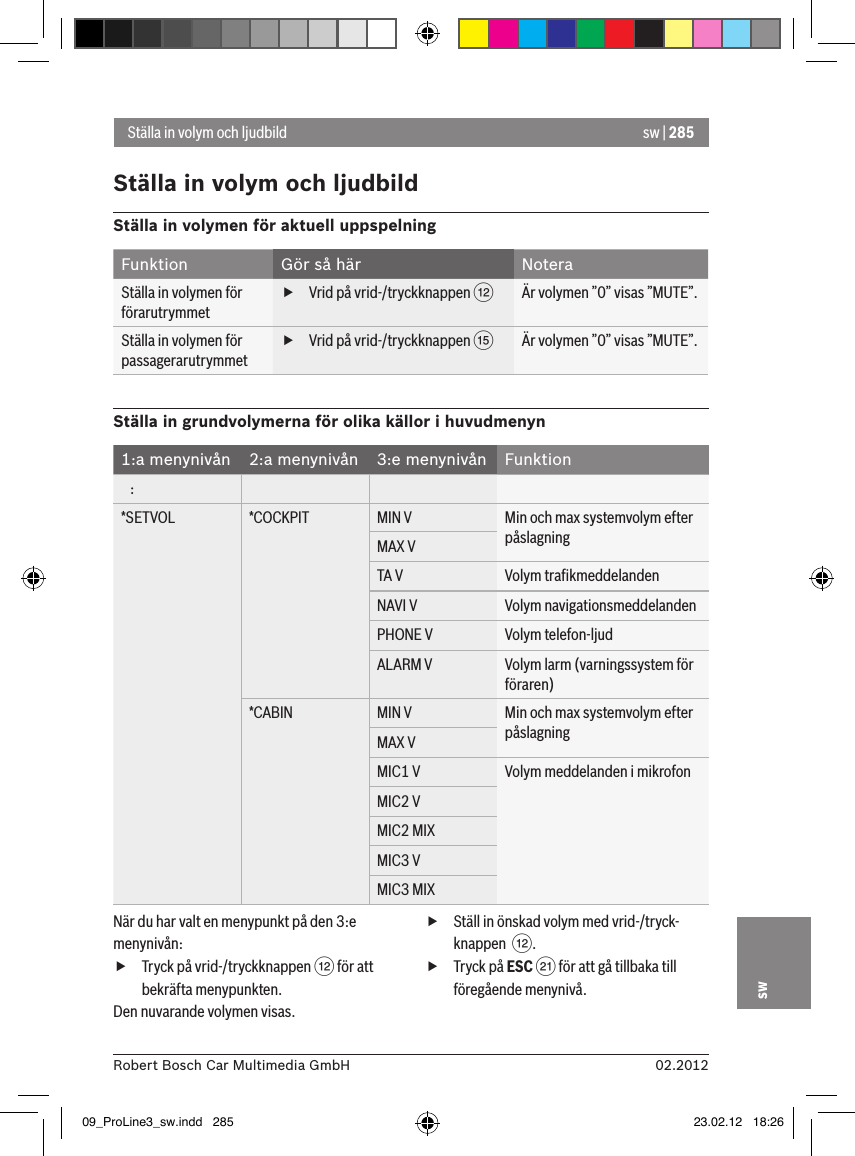 sw | 28502.2012Robert Bosch Car Multimedia GmbHswStälla in volym och ljudbildStälla in volym och ljudbildStälla in volymen för aktuell uppspelningFunktion Gör så här NoteraStälla in volymen för förarutrymmet fVrid på vrid-/tryckknappen &lt;  Är volymen ”0” visas ”MUTE”.Ställa in volymen för passagerarutrymmet fVrid på vrid-/tryckknappen ?  Är volymen ”0” visas ”MUTE”.Ställa in grundvolymerna för olika källor i huvudmenyn1:a menynivån 2:a menynivån 3:e menynivån Funktion   :*SETVOL *COCKPIT MIN V Min och max systemvolym efter påslagningMAX VTA V Volym traﬁkmeddelandenNAVI V Volym navigationsmeddelandenPHONE V Volym telefon-ljudALARM V Volym larm (varningssystem för föraren)*CABIN MIN V Min och max systemvolym efter påslagningMAX VMIC1 V Volym meddelanden i mikrofonMIC2 VMIC2 MIXMIC3 VMIC3 MIXNär du har valt en menypunkt på den 3:e menynivån: fTryck på vrid-/tryckknappen &lt; för att bekräfta menypunkten.Den nuvarande volymen visas. fStäll in önskad volym med vrid-/tryck-knappen  &lt;. fTryck på ESC E för att gå tillbaka till föregående menynivå.09_ProLine3_sw.indd   285 23.02.12   18:26