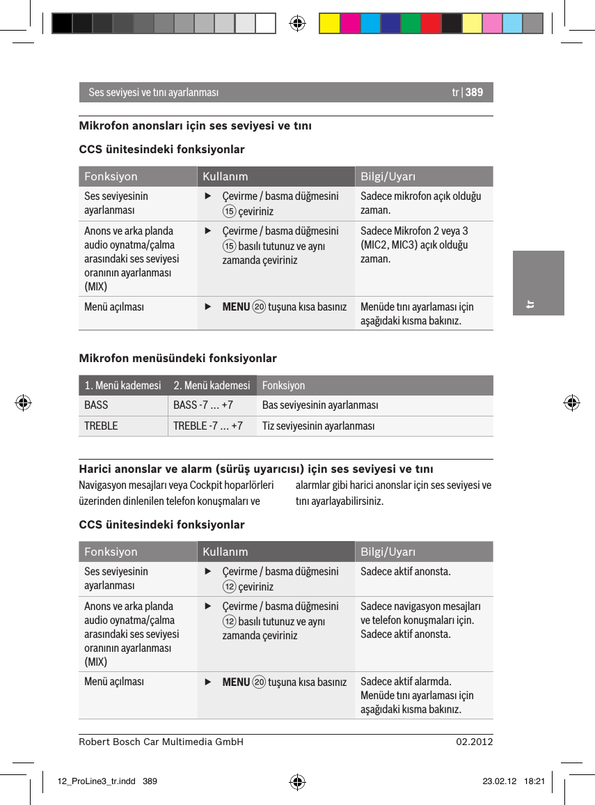 tr | 38902.2012Robert Bosch Car Multimedia GmbHtrSes seviyesi ve tını ayarlanmasıMikrofon anonsları için ses seviyesi ve tınıCCS ünitesindeki fonksiyonlarFonksiyon Kullanım Bilgi/UyarıSes seviyesinin ayarlanması fÇevirme / basma düğmesini ? çevirinizSadece mikrofon açık olduğu zaman.Anons ve arka planda audio oynatma/çalma arasındaki ses seviyesi oranının ayarlanması (MIX) fÇevirme / basma düğmesini ? basılı tutunuz ve aynı zamanda çevirinizSadece Mikrofon 2 veya 3 (MIC2, MIC3) açık olduğu zaman.Menü açılması  fMENU D tuşuna kısa basınız Menüde tını ayarlaması için aşağıdaki kısma bakınız.Mikrofon menüsündeki fonksiyonlar1. Menü kademesi 2. Menü kademesi FonksiyonBASS BASS -7 ... +7 Bas seviyesinin ayarlanmasıTREBLE TREBLE -7 ... +7 Tiz seviyesinin ayarlanmasıHarici anonslar ve alarm (sürüş uyarıcısı) için ses seviyesi ve tınıNavigasyon mesajları veya Cockpit hoparlörleri üzerinden dinlenilen telefon konuşmaları ve alarmlar gibi harici anonslar için ses seviyesi ve tını ayarlayabilirsiniz.CCS ünitesindeki fonksiyonlarFonksiyon Kullanım Bilgi/UyarıSes seviyesinin ayarlanması fÇevirme / basma düğmesini &lt; çevirinizSadece aktif anonsta.Anons ve arka planda audio oynatma/çalma arasındaki ses seviyesi oranının ayarlanması (MIX) fÇevirme / basma düğmesini &lt; basılı tutunuz ve aynı zamanda çevirinizSadece navigasyon mesajları ve telefon konuşmaları için.Sadece aktif anonsta.Menü açılması  fMENU D tuşuna kısa basınız Sadece aktif alarmda. Menüde tını ayarlaması için aşağıdaki kısma bakınız.12_ProLine3_tr.indd   389 23.02.12   18:21