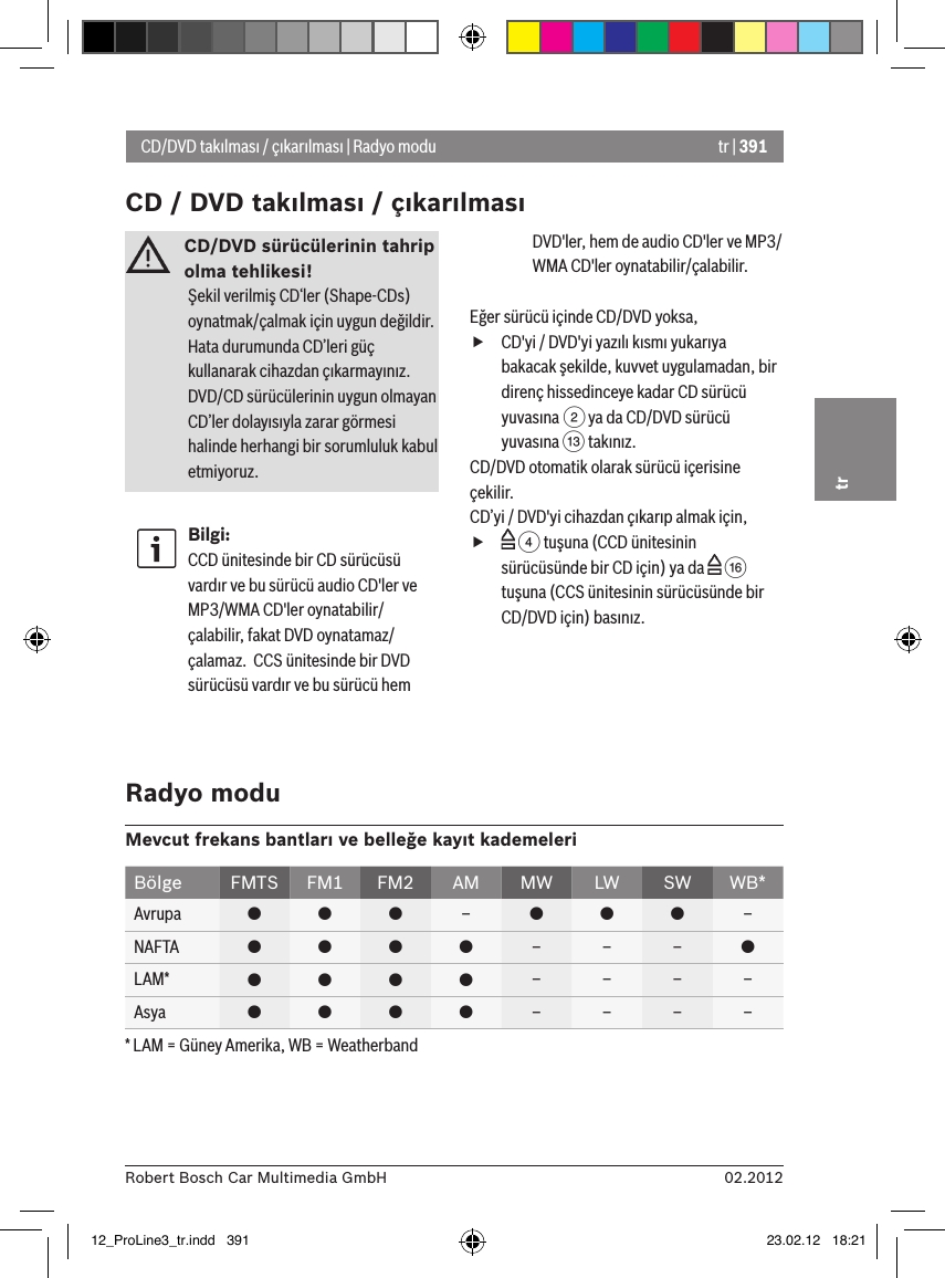 tr | 39102.2012Robert Bosch Car Multimedia GmbHtrCD/DVD sürücülerinin tahrip olma tehlikesi! Şekil verilmiş CD‘ler (Shape-CDs) oynatmak/çalmak için uygun değildir. Hata durumunda CD’leri güç kullanarak cihazdan çıkarmayınız. DVD/CD sürücülerinin uygun olmayan CD’ler dolayısıyla zarar görmesi halinde herhangi bir sorumluluk kabul etmiyoruz.Bilgi:CCD ünitesinde bir CD sürücüsü vardır ve bu sürücü audio CD&apos;ler ve MP3/WMA CD&apos;ler oynatabilir/çalabilir, fakat DVD oynatamaz/çalamaz.  CCS ünitesinde bir DVD sürücüsü vardır ve bu sürücü hem DVD&apos;ler, hem de audio CD&apos;ler ve MP3/WMA CD&apos;ler oynatabilir/çalabilir.Eğer sürücü içinde CD/DVD yoksa, fCD&apos;yi / DVD&apos;yi yazılı kısmı yukarıya bakacak şekilde, kuvvet uygulamadan, bir direnç hissedinceye kadar CD sürücü yuvasına 2 ya da CD/DVD sürücü yuvasına = takınız.CD/DVD otomatik olarak sürücü içerisine çekilir.CD’yi / DVD&apos;yi cihazdan çıkarıp almak için, f 4 tuşuna (CCD ünitesinin sürücüsünde bir CD için) ya da   @ tuşuna (CCS ünitesinin sürücüsünde bir CD/DVD için) basınız.CD/DVD takılması / çıkarılması | Radyo moduCD / DVD takılması / çıkarılmasıRadyo moduMevcut frekans bantları ve belleğe kayıt kademeleriBölge FMTS FM1 FM2 AM MW LW SW WB*Avrupa    –   –NAFTA     – – – LAM*     – – – –Asya     – – – –* LAM = Güney Amerika, WB = Weatherband12_ProLine3_tr.indd   391 23.02.12   18:21