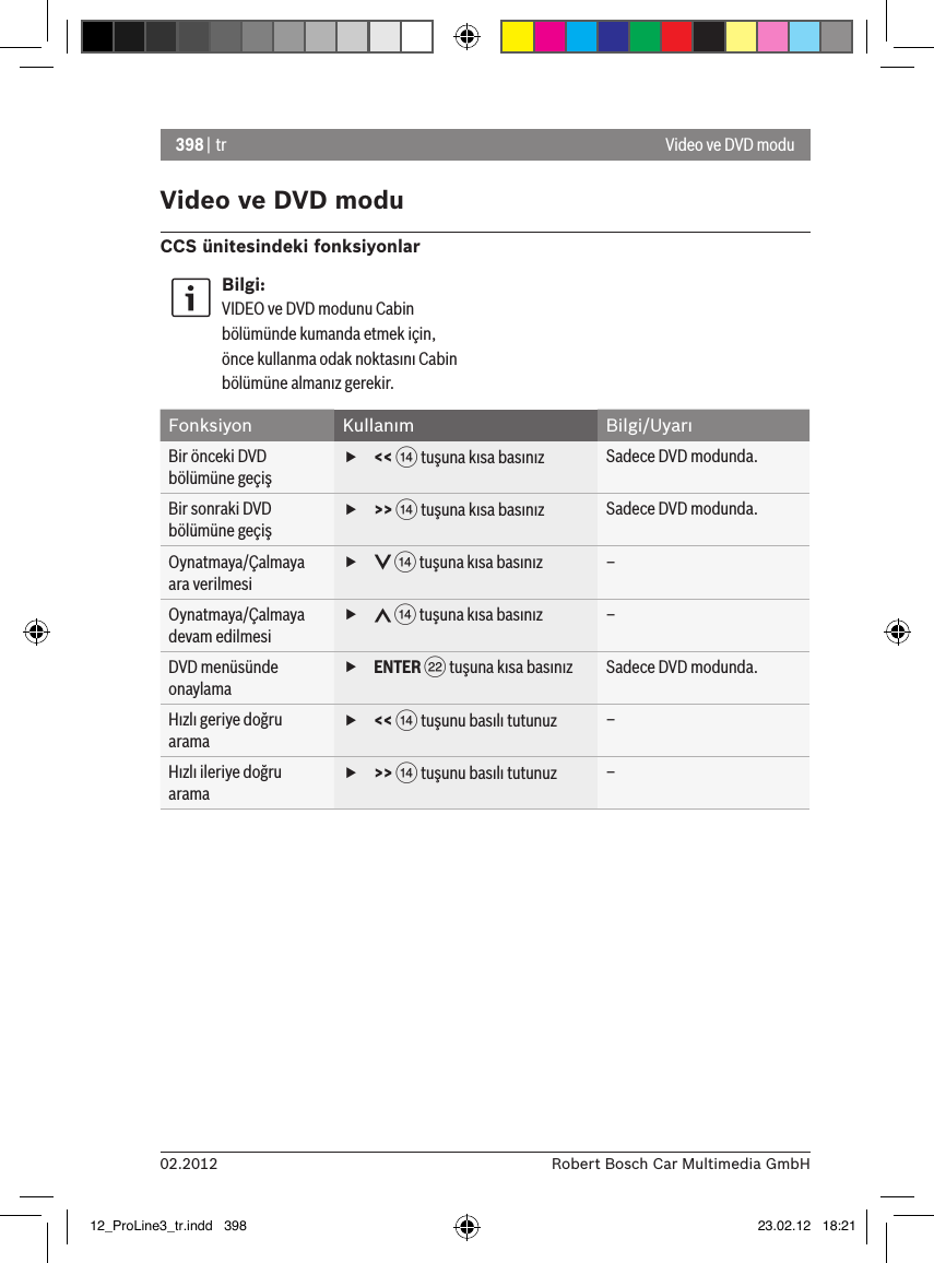 398 | tr02.2012 Robert Bosch Car Multimedia GmbHVideo ve DVD moduCCS ünitesindeki fonksiyonlarBilgi:VIDEO ve DVD modunu Cabin bölümünde kumanda etmek için, önce kullanma odak noktasını Cabin bölümüne almanız gerekir. Fonksiyon Kullanım Bilgi/UyarıBir önceki DVD bölümüne geçiş f&lt;&lt; &gt; tuşuna kısa basınız Sadece DVD modunda.Bir sonraki DVD bölümüne geçiş f&gt;&gt; &gt; tuşuna kısa basınız Sadece DVD modunda.Oynatmaya/Çalmaya ara verilmesi f &gt; tuşuna kısa basınız –Oynatmaya/Çalmaya devam edilmesi f &gt; tuşuna kısa basınız –DVD menüsünde onaylama fENTER F tuşuna kısa basınız Sadece DVD modunda.Hızlı geriye doğru arama f&lt;&lt; &gt; tuşunu basılı tutunuz –Hızlı ileriye doğru arama f&gt;&gt; &gt; tuşunu basılı tutunuz –Video ve DVD modu12_ProLine3_tr.indd   398 23.02.12   18:21