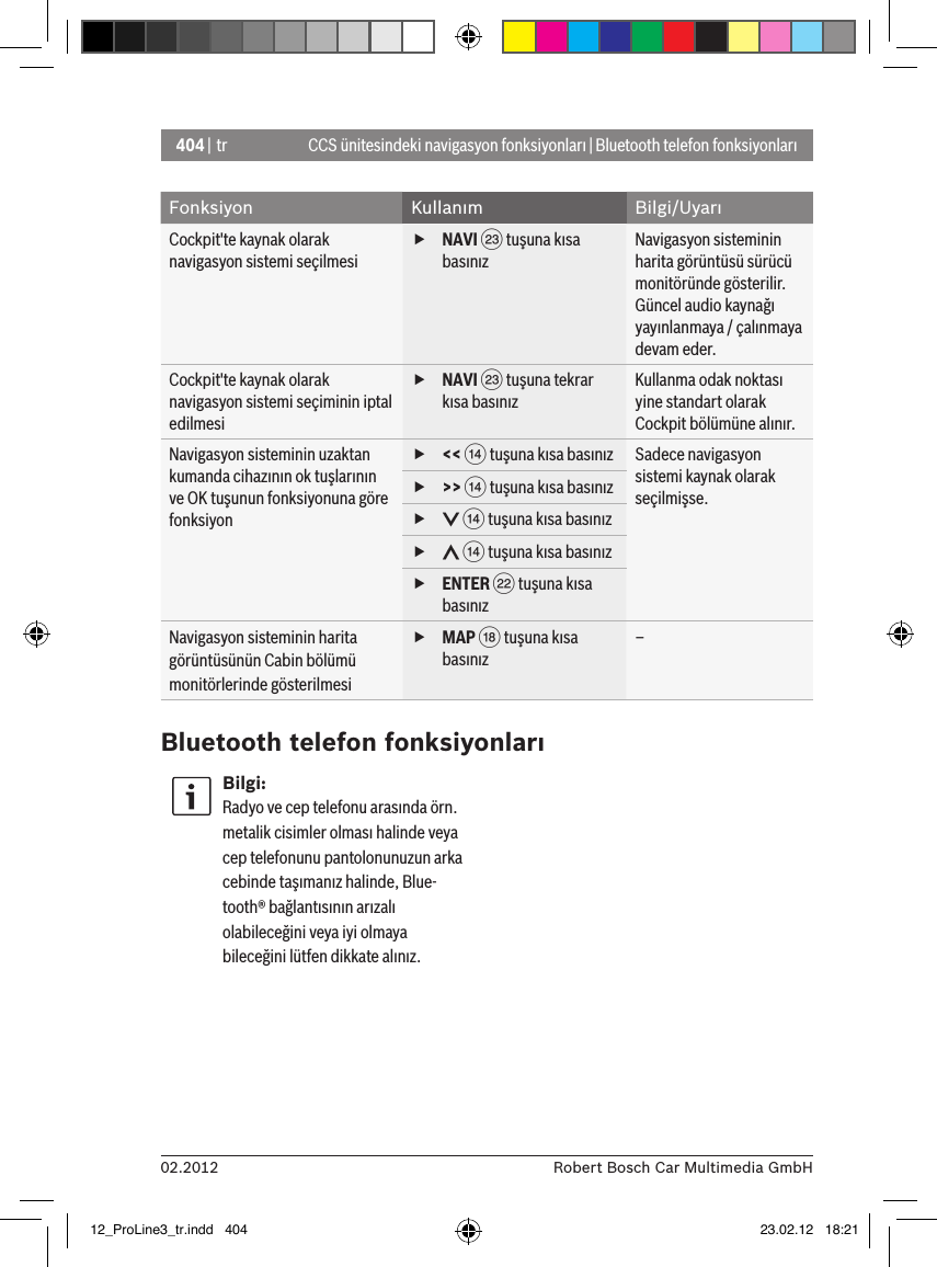 404 | tr02.2012 Robert Bosch Car Multimedia GmbHCCS ünitesindeki navigasyon fonksiyonları | Bluetooth telefon fonksiyonlarıFonksiyon Kullanım Bilgi/UyarıCockpit&apos;te kaynak olarak navigasyon sistemi seçilmesi fNAVI G tuşuna kısa basınızNavigasyon sisteminin harita görüntüsü sürücü monitöründe gösterilir.Güncel audio kaynağı yayınlanmaya / çalınmaya devam eder.Cockpit&apos;te kaynak olarak navigasyon sistemi seçiminin iptal edilmesi fNAVI G tuşuna tekrar kısa basınızKullanma odak noktası yine standart olarak Cockpit bölümüne alınır.Navigasyon sisteminin uzaktan kumanda cihazının ok tuşlarının ve OK tuşunun fonksiyonuna göre fonksiyon f&lt;&lt; &gt; tuşuna kısa basınız Sadece navigasyon sistemi kaynak olarak seçilmişse. f&gt;&gt; &gt; tuşuna kısa basınız f &gt; tuşuna kısa basınız f &gt; tuşuna kısa basınız fENTER F tuşuna kısa basınızNavigasyon sisteminin harita görüntüsünün Cabin bölümü monitörlerinde gösterilmesi fMAP B tuşuna kısa basınız–Bluetooth telefon fonksiyonlarıBilgi:Radyo ve cep telefonu arasında örn. metalik cisimler olması halinde veya cep telefonunu pantolonunuzun arka cebinde taşımanız halinde, Blue-tooth® bağlantısının arızalı olabileceğini veya iyi olmaya bileceğini lütfen dikkate alınız.12_ProLine3_tr.indd   404 23.02.12   18:21