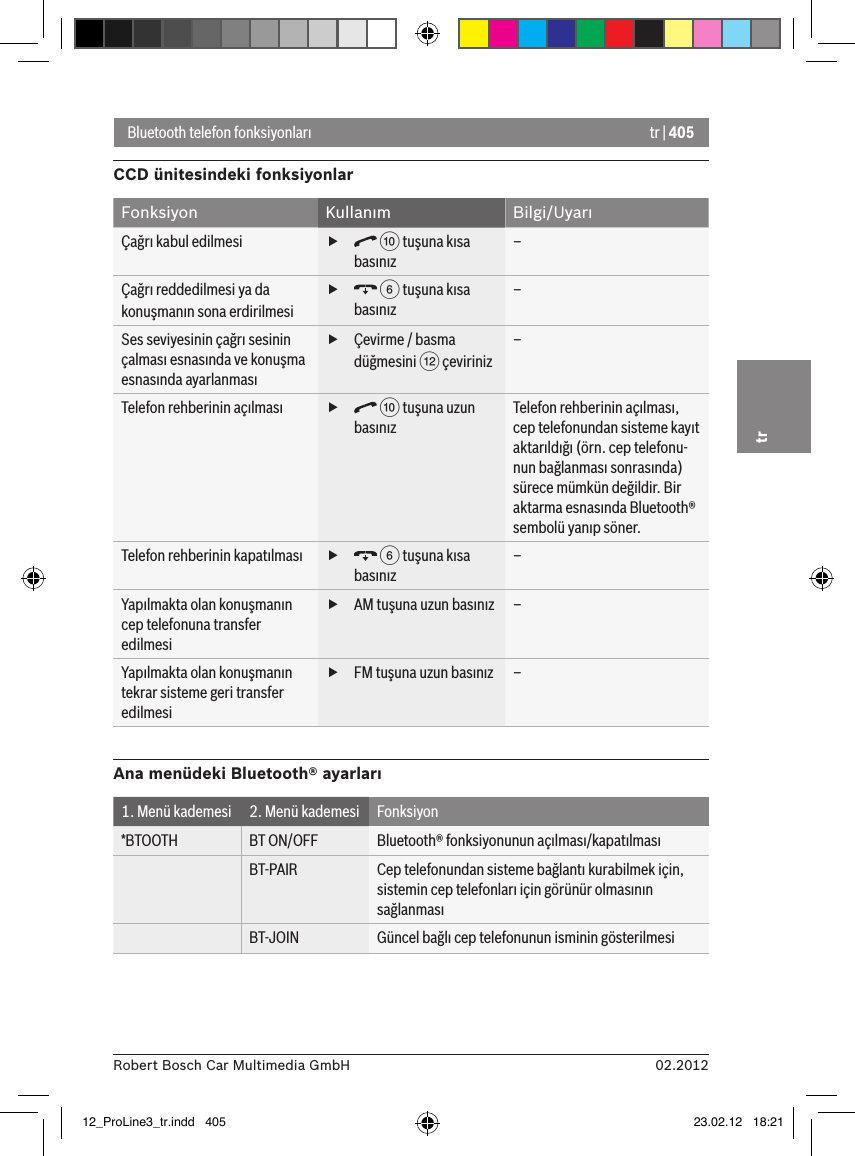 tr | 40502.2012Robert Bosch Car Multimedia GmbHtrBluetooth telefon fonksiyonlarıCCD ünitesindeki fonksiyonlarFonksiyon Kullanım Bilgi/UyarıÇağrı kabul edilmesi  f : tuşuna kısa basınız–Çağrı reddedilmesi ya da konuşmanın sona erdirilmesi f 6 tuşuna kısa basınız–Ses seviyesinin çağrı sesinin çalması esnasında ve konuşma esnasında ayarlanması fÇevirme / basma düğmesini &lt; çeviriniz–Telefon rehberinin açılması  f : tuşuna uzun basınızTelefon rehberinin açılması, cep telefonundan sisteme kayıt aktarıldığı (örn. cep telefonu-nun bağlanması sonrasında) sürece mümkün değildir. Bir aktarma esnasında Bluetooth® sembolü yanıp söner.Telefon rehberinin kapatılması  f 6 tuşuna kısa basınız–Yapılmakta olan konuşmanın cep telefonuna transfer edilmesi fAM tuşuna uzun basınız –Yapılmakta olan konuşmanın tekrar sisteme geri transfer edilmesi fFM tuşuna uzun basınız –Ana menüdeki Bluetooth® ayarları1. Menü kademesi 2. Menü kademesi Fonksiyon*BTOOTH BT ON/OFF Bluetooth® fonksiyonunun açılması/kapatılmasıBT-PAIR Cep telefonundan sisteme bağlantı kurabilmek için, sistemin cep telefonları için görünür olmasının sağlanmasıBT-JOIN Güncel bağlı cep telefonunun isminin gösterilmesi12_ProLine3_tr.indd   405 23.02.12   18:21