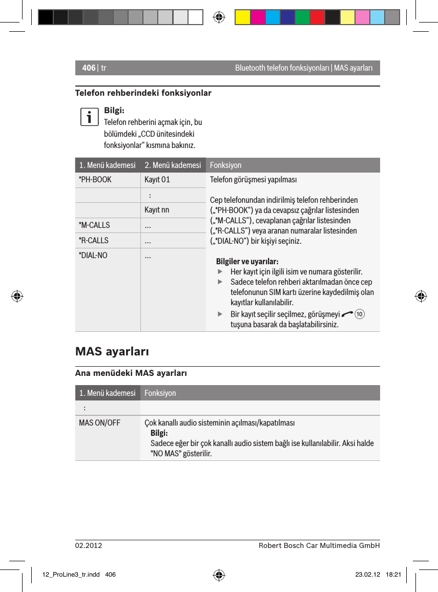 406 | tr02.2012 Robert Bosch Car Multimedia GmbHBluetooth telefon fonksiyonları | MAS ayarlarıTelefon rehberindeki fonksiyonlarBilgi:Telefon rehberini açmak için, bu bölümdeki „CCD ünitesindeki fonksiyonlar“ kısmına bakınız.1. Menü kademesi 2. Menü kademesi Fonksiyon*PH-BOOK Kayıt 01 Telefon görüşmesi yapılmasıCep telefonundan indirilmiş telefon rehberinden („*PH-BOOK“) ya da cevapsız çağrılar listesinden („*M-CALLS“), cevaplanan çağrılar listesinden („*R-CALLS“) veya aranan numaralar listesinden („*DIAL-NO“) bir kişiyi seçiniz.Bilgiler ve uyarılar: fHer kayıt için ilgili isim ve numara gösterilir. fSadece telefon rehberi aktarılmadan önce cep telefonunun SIM kartı üzerine kaydedilmiş olan kayıtlar kullanılabilir. fBir kayıt seçilir seçilmez, görüşmeyi   : tuşuna basarak da başlatabilirsiniz.   :Kayıt nn*M-CALLS ...*R-CALLS ...*DIAL-NO ...MAS ayarlarıAna menüdeki MAS ayarları1. Menü kademesi Fonksiyon   :MAS ON/OFF Çok kanallı audio sisteminin açılması/kapatılmasıBilgi:Sadece eğer bir çok kanallı audio sistem bağlı ise kullanılabilir. Aksi halde &quot;NO MAS&quot; gösterilir.12_ProLine3_tr.indd   406 23.02.12   18:21