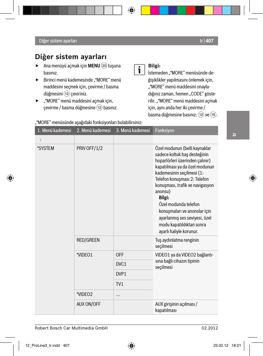 tr | 40702.2012Robert Bosch Car Multimedia GmbHtr fAna menüyü açmak için MENU D tuşuna basınız. fBirinci menü kademesinde „*MORE“ menü maddesini seçmek için, çevirme / basma düğmesini &lt; çeviriniz. f„*MORE“ menü maddesini açmak için, çevirme / basma düğmesine &lt; basınız.Bilgi:İstemeden „*MORE“ menüsünde de- ğişiklikler yapılmasını önlemek için, „*MORE“ menü maddesini onayla- dığınız zaman, hemen „CODE“ göste- rilir. „*MORE“ menü maddesini açmak için, aynı anda her iki çevirme / basma düğmesine basınız: &lt; ve ?.Diğer sistem ayarlarıDiğer sistem ayarları„*MORE“ menüsünde aşağıdaki fonksiyonları bulabilirsiniz:1. Menü kademesi 2. Menü kademesi 3. Menü kademesi Fonksiyon   :*SYSTEM PRIV OFF/1/2 Özel modunun (belli kaynaklar sadece koltuk baş desteğinin hoparlörleri üzerinden çalınır) kapatılması ya da özel modunun kademesinin seçilmesi (1: Telefon konuşması 2: Telefon konuşması, traﬁk ve navigasyon anonsu)Bilgi:Özel modunda telefon konuşmaları ve anonslar için ayarlanmış ses seviyesi, özel modu kapatıldıktan sonra ayarlı haliyle korunur.RED/GREEN Tuş aydınlatma renginin seçilmesi*VIDEO1 OFF VIDEO1 ya da VIDEO2 bağlantı-sına bağlı cihazın tipinin seçilmesiDVC1DVP1TV1*VIDEO2 ...AUX ON/OFF AUX girişinin açılması / kapatılması12_ProLine3_tr.indd   407 23.02.12   18:21
