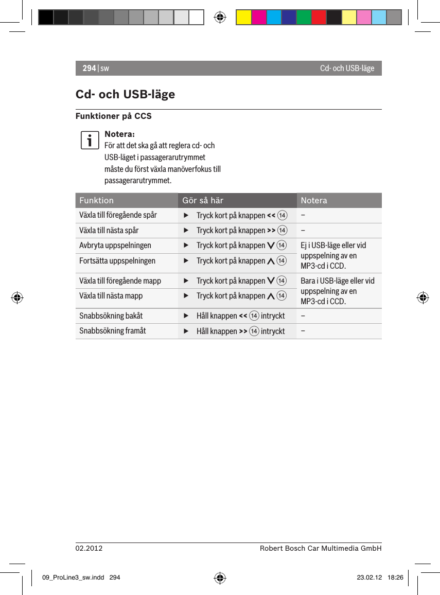 294 | sw02.2012 Robert Bosch Car Multimedia GmbHCd- och USB-lägeFunktioner på CCSNotera:För att det ska gå att reglera cd- och USB-läget i passagerarutrymmet måste du först växla manöverfokus till passagerarutrymmet.Funktion Gör så här NoteraVäxla till föregående spår  fTryck kort på knappen &lt;&lt; &gt; –Växla till nästa spår  fTryck kort på knappen &gt;&gt; &gt; –Avbryta uppspelningen  fTryck kort på knappen   &gt; Ej i USB-läge eller vid uppspelning av en MP3-cd i CCD.Fortsätta uppspelningen  fTryck kort på knappen   &gt; Växla till föregående mapp  fTryck kort på knappen   &gt; Bara i USB-läge eller vid uppspelning av en MP3-cd i CCD.Växla till nästa mapp  fTryck kort på knappen   &gt; Snabbsökning bakåt  fHåll knappen &lt;&lt; &gt; intryckt  –Snabbsökning framåt  fHåll knappen &gt;&gt; &gt; intryckt  –Cd- och USB-läge09_ProLine3_sw.indd   294 23.02.12   18:26