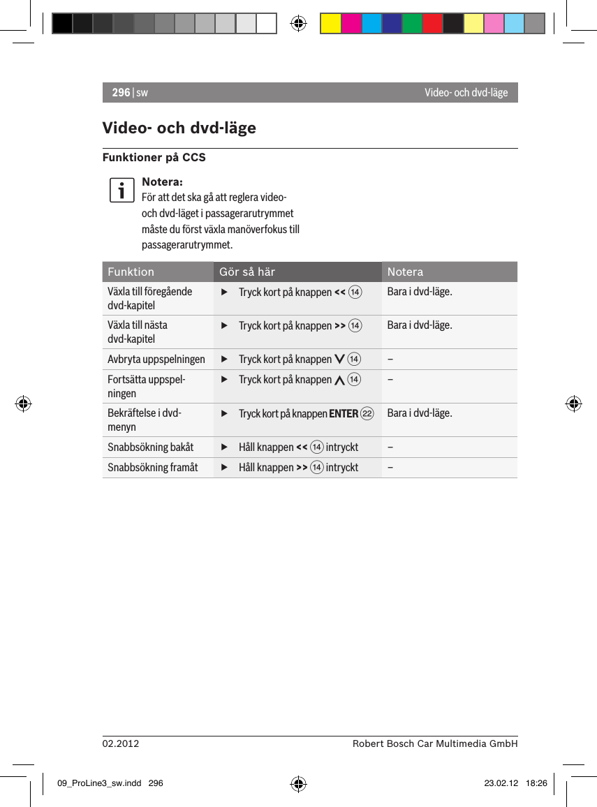 296 | sw02.2012 Robert Bosch Car Multimedia GmbHVideo- och dvd-lägeFunktioner på CCSNotera:För att det ska gå att reglera video- och dvd-läget i passagerarutrymmet måste du först växla manöverfokus till passagerarutrymmet. Funktion Gör så här NoteraVäxla till föregående dvd-kapitel fTryck kort på knappen &lt;&lt; &gt; Bara i dvd-läge.Växla till nästa dvd-kapitel fTryck kort på knappen &gt;&gt; &gt; Bara i dvd-läge.Avbryta uppspelningen  fTryck kort på knappen   &gt; –Fortsätta uppspel-ningen fTryck kort på knappen   &gt; –Bekräftelse i dvd-menyn fTryck kort på knappen ENTER F Bara i dvd-läge.Snabbsökning bakåt  fHåll knappen &lt;&lt; &gt; intryckt  –Snabbsökning framåt  fHåll knappen &gt;&gt; &gt; intryckt  –Video- och dvd-läge09_ProLine3_sw.indd   296 23.02.12   18:26