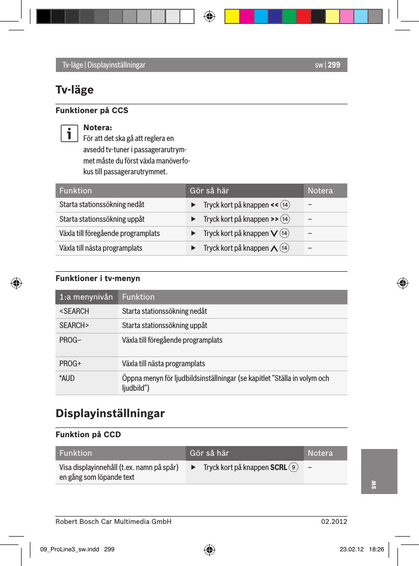 sw | 29902.2012Robert Bosch Car Multimedia GmbHswTv-läge | DisplayinställningarTv-lägeFunktioner på CCSNotera:För att det ska gå att reglera en avsedd tv-tuner i passagerarutrym-met måste du först växla manöverfo-kus till passagerarutrymmet.Funktion Gör så här NoteraStarta stationssökning nedåt  fTryck kort på knappen &lt;&lt; &gt; –Starta stationssökning uppåt  fTryck kort på knappen &gt;&gt; &gt; –Växla till föregående programplats  fTryck kort på knappen   &gt; –Växla till nästa programplats  fTryck kort på knappen   &gt; –Funktioner i tv-menyn1:a menynivån Funktion&lt;SEARCH Starta stationssökning nedåtSEARCH&gt; Starta stationssökning uppåtPROG– Växla till föregående programplatsPROG+ Växla till nästa programplats*AUD Öppna menyn för ljudbildsinställningar (se kapitlet ”Ställa in volym och ljudbild”)DisplayinställningarFunktion på CCDFunktion Gör så här NoteraVisa displayinnehåll (t.ex. namn på spår) en gång som löpande text fTryck kort på knappen SCRL 9 –09_ProLine3_sw.indd   299 23.02.12   18:26