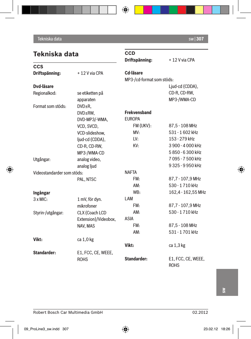 sw | 30702.2012Robert Bosch Car Multimedia GmbHswTekniska dataCCSDriftspänning:  + 12 V via CPADvd-läsareRegionalkod:  se etiketten på      apparatenFormat som stöds:  DVD±R,      DVD±RW,      DVD-MP3/-WMA,      VCD, SVCD,       VCD-slideshow,      ljud-cd (CDDA),      CD-R, CD-RW,      MP3-/WMA-CDUtgångar:    analog video,      analog ljudVideostandarder som stöds:      PAL, NTSCIngångar 3 x MIC:    1 mV, för dyn.       mikrofonerStyrin-/utgångar:    CLX (Coach LCD       Extension)/Videobox,       NAV, MASVikt:    ca 1,0 kgStandarder:    E1, FCC, CE, WEEE,       ROHSCCDDriftspänning:  + 12 V via CPACd-läsareMP3-/cd-format som stöds:      Ljud-cd (CDDA),       CD-R, CD-RW,       MP3-/WMA-CDFrekvensbandEUROPA  FM (UKV):    87,5 - 108 MHz  MV:    531 - 1 602 kHz  LV:    153 - 279 kHz  KV:    3 900 - 4 000 kHz      5 850 - 6 300 kHz      7 095 - 7 500 kHz      9 325 - 9 950 kHzNAFTA   FM:    87,7 - 107,9 MHz  AM:    530 - 1 710 kHz  WB:    162,4 - 162,55 MHzLAM   FM:    87,7 - 107,9 MHz  AM:    530 - 1 710 kHzASIA   FM:    87,5 - 108 MHz  AM:    531 - 1 701 kHzVikt:    ca 1,3 kgStandarder:  E1, FCC, CE, WEEE,       ROHSTekniska data09_ProLine3_sw.indd   307 23.02.12   18:26