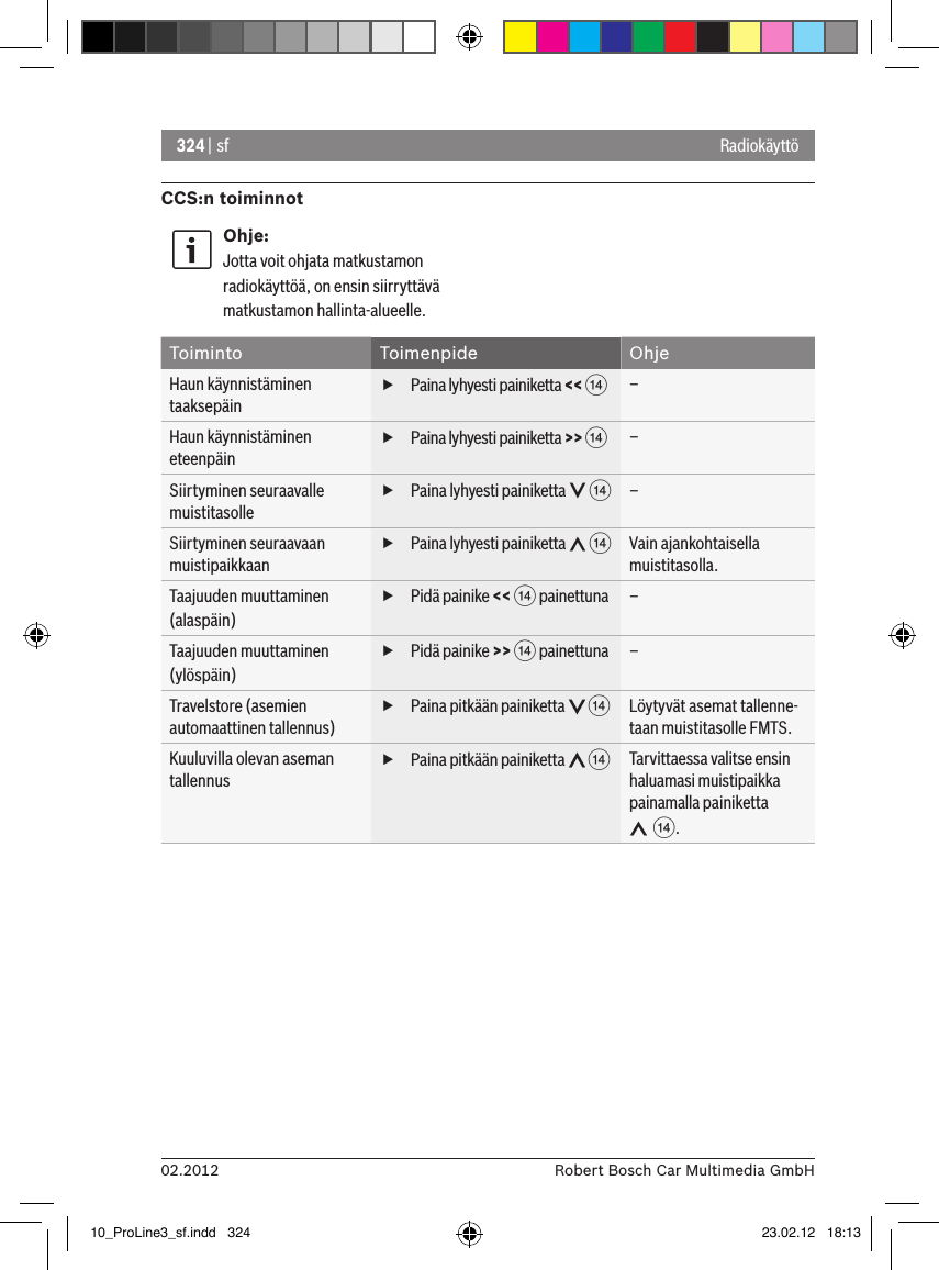 324 | sf02.2012 Robert Bosch Car Multimedia GmbHCCS:n toiminnotOhje:Jotta voit ohjata matkustamon radiokäyttöä, on ensin siirryttävä matkustamon hallinta-alueelle.Toiminto Toimenpide OhjeHaun käynnistäminen taaksepäin fPaina lyhyesti painiketta &lt;&lt; &gt;–Haun käynnistäminen eteenpäin fPaina lyhyesti painiketta &gt;&gt; &gt;–Siirtyminen seuraavalle muistitasolle fPaina lyhyesti painiketta   &gt;–Siirtyminen seuraavaan muistipaikkaan fPaina lyhyesti painiketta   &gt;Vain ajankohtaisella muistitasolla.Taajuuden muuttaminen (alaspäin) fPidä painike &lt;&lt; &gt; painettuna –Taajuuden muuttaminen (ylöspäin) fPidä painike &gt;&gt; &gt; painettuna –Travelstore (asemien automaattinen tallennus) fPaina pitkään painiketta   &gt;Löytyvät asemat tallenne-taan muistitasolle FMTS.Kuuluvilla olevan aseman tallennus fPaina pitkään painiketta   &gt;Tarvittaessa valitse ensin haluamasi muistipaikka painamalla painiketta   &gt;.Radiokäyttö10_ProLine3_sf.indd   324 23.02.12   18:13