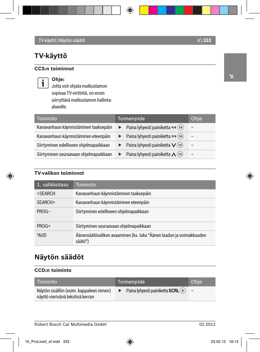 sf | 33302.2012Robert Bosch Car Multimedia GmbHsfTV-käyttö | Näytön säädötTV-käyttöCCS:n toiminnotOhje:Jotta voit ohjata matkustamon sopivaa TV-viritintä, on ensin siirryttävä matkustamon hallinta-alueelle.Toiminto Toimenpide OhjeKanavanhaun käynnistäminen taaksepäin  fPaina lyhyesti painiketta &lt;&lt; &gt;–Kanavanhaun käynnistäminen eteenpäin  fPaina lyhyesti painiketta &gt;&gt; &gt;–Siirtyminen edelliseen ohjelmapaikkaan  fPaina lyhyesti painiketta   &gt;–Siirtyminen seuraavaan ohjelmapaikkaan  fPaina lyhyesti painiketta   &gt;–TV-valikon toiminnot1. valikkotaso Toiminto&lt;SEARCH Kanavanhaun käynnistäminen taaksepäinSEARCH&gt; Kanavanhaun käynnistäminen eteenpäinPROG– Siirtyminen edelliseen ohjelmapaikkaanPROG+ Siirtyminen seuraavaan ohjelmapaikkaan*AUD Äänensäätövalikon avaaminen (ks. luku &quot;Äänen laadun ja voimakkuuden säätö&quot;)Näytön säädötCCD:n toimintoToiminto Toimenpide OhjeNäytön sisällön (esim. kappaleen nimen) näyttö vierivänä tekstinä kerran fPaina lyhyesti painiketta SCRL 9–10_ProLine3_sf.indd   333 23.02.12   18:13