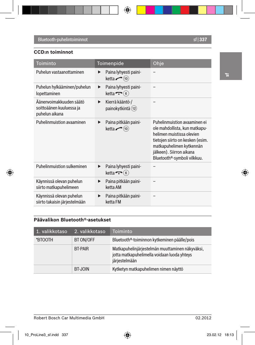 sf | 33702.2012Robert Bosch Car Multimedia GmbHsfBluetooth-puhelintoiminnotCCD:n toiminnotToiminto Toimenpide OhjePuhelun vastaanottaminen  fPaina lyhyesti paini-ketta   :–Puhelun hylkääminen/puhelun lopettaminen fPaina lyhyesti paini-ketta   6–Äänenvoimakkuuden säätö soittoäänen kuuluessa ja puhelun aikana fKierrä kääntö-/painokytkintä &lt;–Puhelinmuistion avaaminen  fPaina pitkään paini-ketta   :Puhelinmuistion avaaminen ei ole mahdollista, kun matkapu-helimen muistissa olevien tietojen siirto on kesken (esim. matkapuhelimen kytkennän jälkeen). Siirron aikana Bluetooth®-symboli vilkkuu.Puhelinmuistion sulkeminen  fPaina lyhyesti paini-ketta   6–Käynnissä olevan puhelun siirto matkapuhelimeen fPaina pitkään paini-ketta AM–Käynnissä olevan puhelun siirto takaisin järjestelmään fPaina pitkään paini-ketta FM–Päävalikon Bluetooth®-asetukset1. valikkotaso 2. valikkotaso Toiminto*BTOOTH BT ON/OFF Bluetooth®-toiminnon kytkeminen päälle/poisBT-PAIR Matkapuhelinjärjestelmän muuttaminen näkyväksi, jotta matkapuhelimella voidaan luoda yhteys järjestelmäänBT-JOIN Kytketyn matkapuhelimen nimen näyttö10_ProLine3_sf.indd   337 23.02.12   18:13