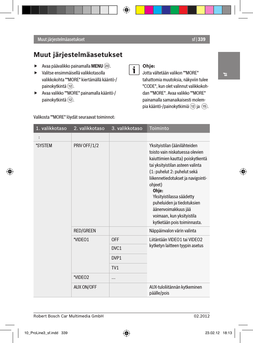 sf | 33902.2012Robert Bosch Car Multimedia GmbHsf fAvaa päävalikko painamalla MENU D. fValitse ensimmäisellä valikkotasolla valikkokohta &quot;*MORE&quot; kiertämällä kääntö-/painokytkintä &lt;. fAvaa valikko &quot;*MORE&quot; painamalla kääntö-/painokytkintä &lt;.Ohje:Jotta vältetään valikon &quot;*MORE&quot; tahattomia muutoksia, näkyviin tulee &quot;CODE&quot;, kun olet valinnut valikkokoh-dan &quot;*MORE&quot;. Avaa valikko &quot;*MORE&quot; painamalla samanaikaisesti molem-pia kääntö-/painokytkimiä &lt; ja  ?.Muut järjestelmäasetuksetMuut järjestelmäasetuksetValikosta &quot;*MORE&quot; löydät seuraavat toiminnot:1. valikkotaso 2. valikkotaso 3. valikkotaso Toiminto   :*SYSTEM PRIV OFF/1/2 Yksityistilan (äänilähteiden toisto vain niskatuessa olevien kaiuttimien kautta) poiskytkentä tai yksityistilan asteen valinta (1: puhelut 2: puhelut sekä liikennetiedotukset ja navigointi-ohjeet)Ohje:Yksityistilassa säädetty puheluiden ja tiedotuksien äänenvoimakkuus jää voimaan, kun yksityistila kytketään pois toiminnasta.RED/GREEN Näppäinvalon värin valinta*VIDEO1 OFF Liitäntään VIDEO1 tai VIDEO2 kytketyn laitteen tyypin asetusDVC1DVP1TV1*VIDEO2 ...AUX ON/OFF AUX-tuloliitännän kytkeminen päälle/pois10_ProLine3_sf.indd   339 23.02.12   18:13