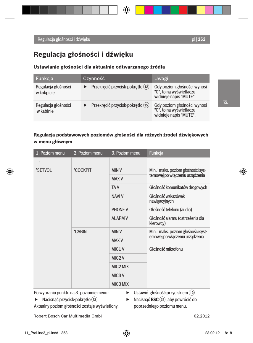 pl | 35302.2012Robert Bosch Car Multimedia GmbHplRegulacja głośności i dźwiękuRegulacja głośności i dźwiękuUstawianie głośności dla aktualnie odtwarzanego źródłaFunkcja Czynność UwagiRegulacja głośności  w kokpicie fPrzekręcić przycisk-pokrętło &lt;Gdy poziom głośności wynosi &quot;0&quot;, to na wyświetlaczu widnieje napis &quot;MUTE&quot;.Regulacja głośności  w kabinie fPrzekręcić przycisk-pokrętło ?Gdy poziom głośności wynosi &quot;0&quot;, to na wyświetlaczu widnieje napis &quot;MUTE&quot;.Regulacja podstawowych poziomów głośności dla różnych źrodeł dźwiękowych w menu głównym1. Poziom menu 2. Poziom menu 3. Poziom menu Funkcja   :*SETVOL *COCKPIT MIN V Min. i maks. poziom głośności sys-temowej po włączeniu urządzeniaMAX VTA V Głośność komunikatów drogowychNAVI V Głośność wskazówek nawigacyjnychPHONE V Głośność telefonu (audio) ALARM V Głośność alarmu (ostrzeżenia dla kierowcy)*CABIN MIN V Min. i maks. poziom głośności syst-emowej po włączeniu urządzeniaMAX VMIC1 V Głośność mikrofonuMIC2 VMIC2 MIXMIC3 VMIC3 MIXPo wybraniu punktu na 3. poziomie menu:  fNacisnąć przycisk-pokrętło &lt;.Aktualny poziom głośności zostaje wyświetlony. fUstawić  głośność przyciskiem &lt;. fNacisnąć ESC E, aby powrócić do poprzedniego poziomu menu.11_ProLine3_pl.indd   353 23.02.12   18:18