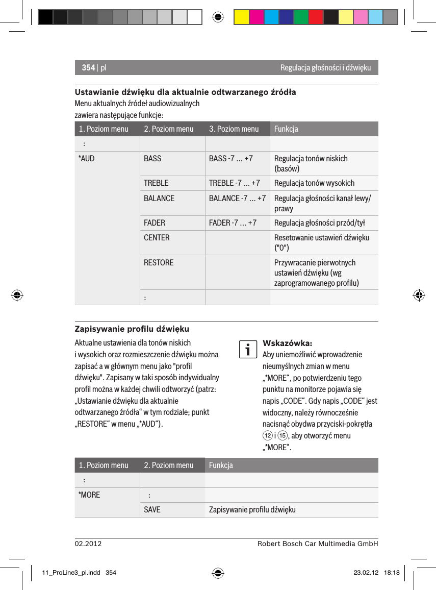 354 | pl02.2012 Robert Bosch Car Multimedia GmbHUstawianie dźwięku dla aktualnie odtwarzanego źródłaMenu aktualnych źródeł audiowizualnych zawiera następujące funkcje:1. Poziom menu 2. Poziom menu 3. Poziom menu Funkcja   :*AUD BASS BASS -7 ... +7 Regulacja tonów niskich (basów)TREBLE TREBLE -7 ... +7 Regulacja tonów wysokichBALANCE BALANCE -7 ... +7 Regulacja głośności kanał lewy/prawyFADER FADER -7 ... +7 Regulacja głośności przód/tyłCENTER Resetowanie ustawień dźwięku (&quot;0&quot;)RESTORE Przywracanie pierwotnych ustawień dźwięku (wg zaprogramowanego proﬁlu):Zapisywanie proﬁlu dźwiękuRegulacja głośności i dźwiękuAktualne ustawienia dla tonów niskich  i wysokich oraz rozmieszczenie dźwięku można zapisać a w głównym menu jako &quot;proﬁl dźwięku&quot;. Zapisany w taki sposób indywidualny proﬁl można w każdej chwili odtworzyć (patrz: „Ustawianie dźwięku dla aktualnie odtwarzanego źródła“ w tym rodziale; punkt „RESTORE“ w menu „*AUD“).Wskazówka:Aby uniemożliwić wprowadzenie nieumyślnych zmian w menu „*MORE“, po potwierdzeniu tego punktu na monitorze pojawia się napis „CODE“. Gdy napis „CODE“ jest widoczny, należy równocześnie nacisnąć obydwa przyciski-pokrętła &lt; i ?, aby otworzyć menu „*MORE“.1. Poziom menu 2. Poziom menu Funkcja   :*MORE    :SAVE Zapisywanie proﬁlu dźwięku11_ProLine3_pl.indd   354 23.02.12   18:18