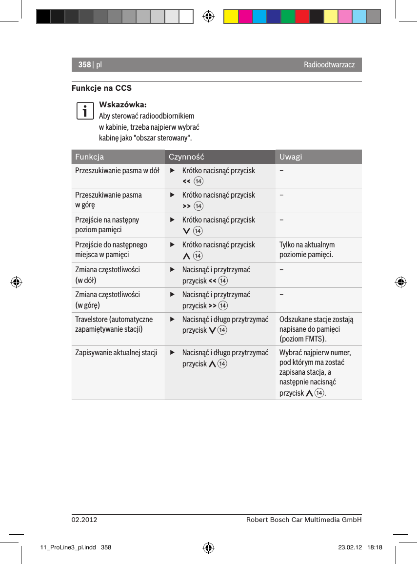358 | pl02.2012 Robert Bosch Car Multimedia GmbHFunkcje na CCSWskazówka:Aby sterować radioodbiornikiem  w kabinie, trzeba najpierw wybrać kabinę jako &quot;obszar sterowany&quot;.Funkcja Czynność UwagiPrzeszukiwanie pasma w dół  fKrótko nacisnąć przycisk &lt;&lt;  &gt;–Przeszukiwanie pasma  w górę fKrótko nacisnąć przycisk &gt;&gt;  &gt;–Przejście na następny poziom pamięci fKrótko nacisnąć przycisk   &gt;–Przejście do następnego miejsca w pamięci fKrótko nacisnąć przycisk   &gt;Tylko na aktualnym poziomie pamięci.Zmiana częstotliwości  (w dół) fNacisnąć i przytrzymać przycisk &lt;&lt; &gt;–Zmiana częstotliwości  (w górę) fNacisnąć i przytrzymać przycisk &gt;&gt; &gt;–Travelstore (automatyczne zapamiętywanie stacji) fNacisnąć i długo przytrzymać przycisk   &gt;Odszukane stacje zostają napisane do pamięci (poziom FMTS).Zapisywanie aktualnej stacji  fNacisnąć i długo przytrzymać przycisk   &gt;Wybrać najpierw numer, pod którym ma zostać zapisana stacja, a następnie nacisnąć przycisk   &gt;.Radioodtwarzacz11_ProLine3_pl.indd   358 23.02.12   18:18