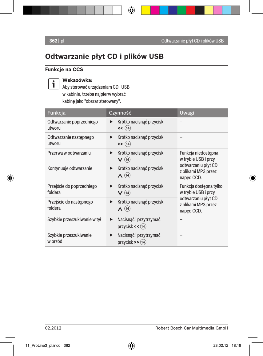 362 | pl02.2012 Robert Bosch Car Multimedia GmbHOdtwarzanie płyt CD i plików USBFunkcje na CCSWskazówka:Aby sterować urządzeniam CD i USB w kabinie, trzeba najpierw wybrać kabinę jako &quot;obszar sterowany&quot;.Funkcja Czynność UwagiOdtwarzanie poprzedniego utworu fKrótko nacisnąć przycisk &lt;&lt;  &gt;–Odtwarzanie następnego utworu fKrótko nacisnąć przycisk &gt;&gt;  &gt;–Przerwa w odtwarzaniu  fKrótko nacisnąć przycisk   &gt;Funkcja niedostępna w trybie USB i przy odtwarzaniu płyt CD  z plikami MP3 przez napęd CCD.Kontynuuje odtwarzanie  fKrótko nacisnąć przycisk   &gt;Przejście do poprzedniego foldera fKrótko nacisnąć przycisk   &gt;Funkcja dostępna tylko w trybie USB i przy odtwarzaniu płyt CD  z plikami MP3 przez napęd CCD.Przejście do następnego foldera fKrótko nacisnąć przycisk   &gt;Szybkie przeszukiwanie w tył  fNacisnąć i przytrzymać przycisk &lt;&lt; &gt;–Szybkie przeszukiwanie  w przód fNacisnąć i przytrzymać przycisk &gt;&gt; &gt;–Odtwarzanie płyt CD i plików USB11_ProLine3_pl.indd   362 23.02.12   18:18