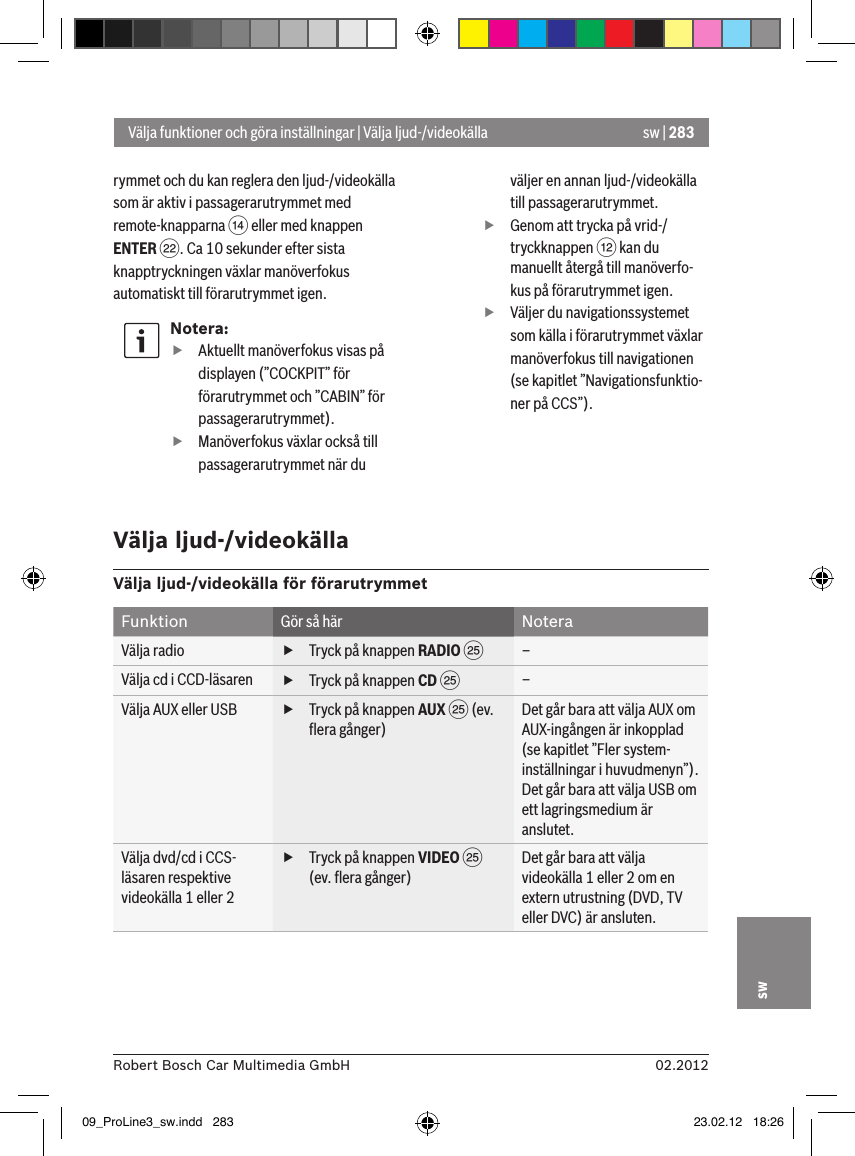 sw | 28302.2012Robert Bosch Car Multimedia GmbHswrymmet och du kan reglera den ljud-/videokälla som är aktiv i passagerarutrymmet med remote-knapparna &gt; eller med knappen ENTER F. Ca 10 sekunder efter sista knapptryckningen växlar manöverfokus automatiskt till förarutrymmet igen.Notera: fAktuellt manöverfokus visas på displayen (”COCKPIT” för förarutrymmet och ”CABIN” för passagerarutrymmet). fManöverfokus växlar också till passagerarutrymmet när du väljer en annan ljud-/videokälla till passagerarutrymmet. fGenom att trycka på vrid-/tryckknappen &lt; kan du manuellt återgå till manöverfo-kus på förarutrymmet igen. fVäljer du navigationssystemet som källa i förarutrymmet växlar manöverfokus till navigationen (se kapitlet ”Navigationsfunktio-ner på CCS”).Välja funktioner och göra inställningar | Välja ljud-/videokällaVälja ljud-/videokällaVälja ljud-/videokälla för förarutrymmetFunktion Gör så här NoteraVälja radio  fTryck på knappen RADIO I –Välja cd i CCD-läsaren  fTryck på knappen CD I –Välja AUX eller USB   fTryck på knappen AUX I (ev. ﬂera gånger)Det går bara att välja AUX om AUX-ingången är inkopplad (se kapitlet ”Fler system-inställningar i huvudmenyn”).Det går bara att välja USB om ett lagringsmedium är anslutet.Välja dvd/cd i CCS-läsaren respektive videokälla 1 eller 2  fTryck på knappen VIDEO I (ev. ﬂera gånger)Det går bara att välja videokälla 1 eller 2 om en extern utrustning (DVD, TV eller DVC) är ansluten.09_ProLine3_sw.indd   283 23.02.12   18:26