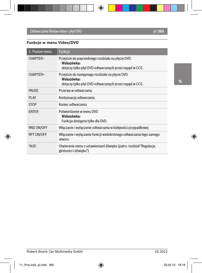pl | 36502.2012Robert Bosch Car Multimedia GmbHplFunkcje w menu Video/DVD1. Poziom menu FunkcjaCHAPTER– Przejście do poprzedniego rozdziału na płycie DVDWskazówka:dotyczy tylko płyt DVD odtwarzanych przez napęd w CCS.CHAPTER+ Przejście do następnego rozdziału na płycie DVDWskazówka:dotyczy tylko płyt DVD odtwarzanych przez napęd w CCS.PAUSE Przerwa w odtwarzaniuPLAY Kontynuacja odtwarzaniaSTOP Koniec odtwarzaniaENTER Potwierdzenie w menu DVDWskazówka:Funkcja dostępna tylko dla DVD.RND ON/OFF Włączanie i wyłączanie odtwarzania w kolejności przypadkowejRPT ON/OFF Włączanie i wyłączanie funkcji wielokrotnego odtwarzania tego samego utworu*AUD Otwieranie menu z ustawieniami dźwięku (patrz: rozdział &quot;Regulacja głośności i dźwięku&quot;)Odtwarzanie ﬁlmów video i płyt DVD11_ProLine3_pl.indd   365 23.02.12   18:18