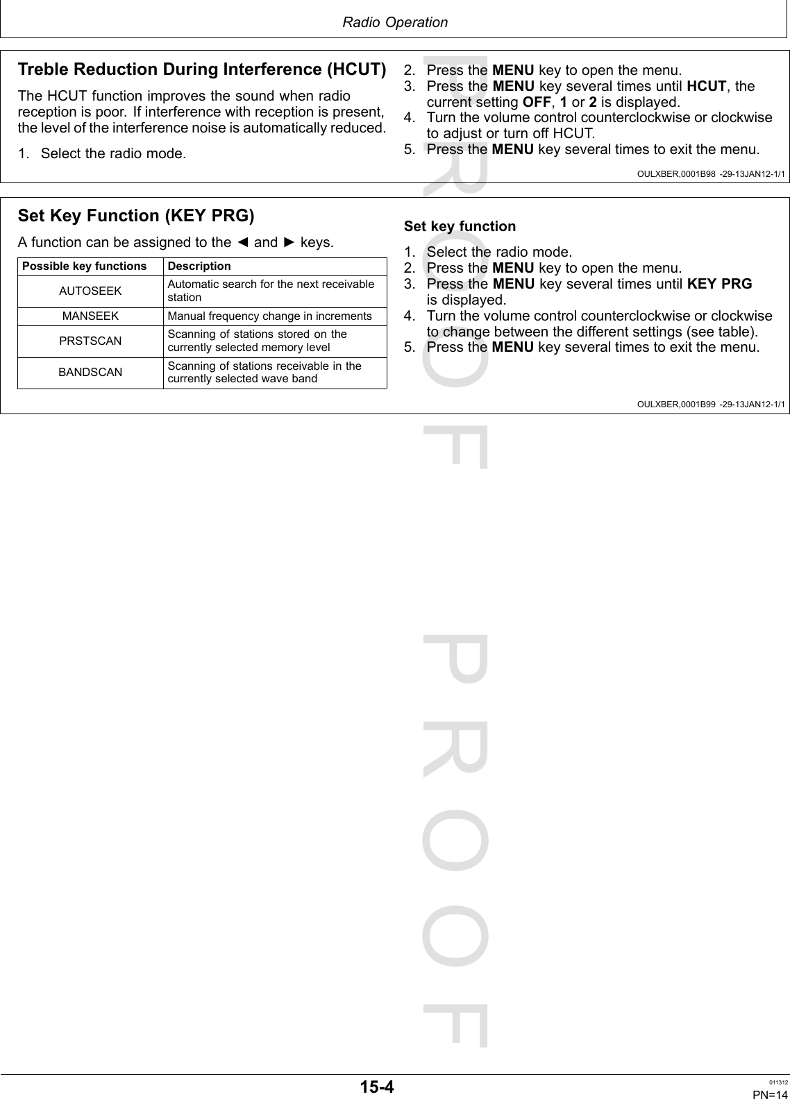 PROOFPROOFRadioOperationOULXBER,0001B98-29-13JAN12-1/1OULXBER,0001B99-29-13JAN12-1/1TrebleReductionDuringInterference(HCUT)TheHCUTfunctionimprovesthesoundwhenradioreceptionispoor.Ifinterferencewithreceptionispresent,theleveloftheinterferencenoiseisautomaticallyreduced.1.Selecttheradiomode.2.PresstheMENUkeytoopenthemenu.3.PresstheMENUkeyseveraltimesuntilHCUT,thecurrentsettingOFF,1or2isdisplayed.4.TurnthevolumecontrolcounterclockwiseorclockwisetoadjustorturnoffHCUT.5.PresstheMENUkeyseveraltimestoexitthemenu.SetKeyFunction(KEYPRG)Afunctioncanbeassignedtothe◄and►keys.PossiblekeyfunctionsDescriptionAUTOSEEKAutomaticsearchforthenextreceivablestationMANSEEKManualfrequencychangeinincrementsPRSTSCANScanningofstationsstoredonthecurrentlyselectedmemorylevelBANDSCANScanningofstationsreceivableinthecurrentlyselectedwavebandSetkeyfunction1.Selecttheradiomode.2.PresstheMENUkeytoopenthemenu.3.PresstheMENUkeyseveraltimesuntilKEYPRGisdisplayed.4.Turnthevolumecontrolcounterclockwiseorclockwisetochangebetweenthedifferentsettings(seetable).5.PresstheMENUkeyseveraltimestoexitthemenu.15-4011312PN=14