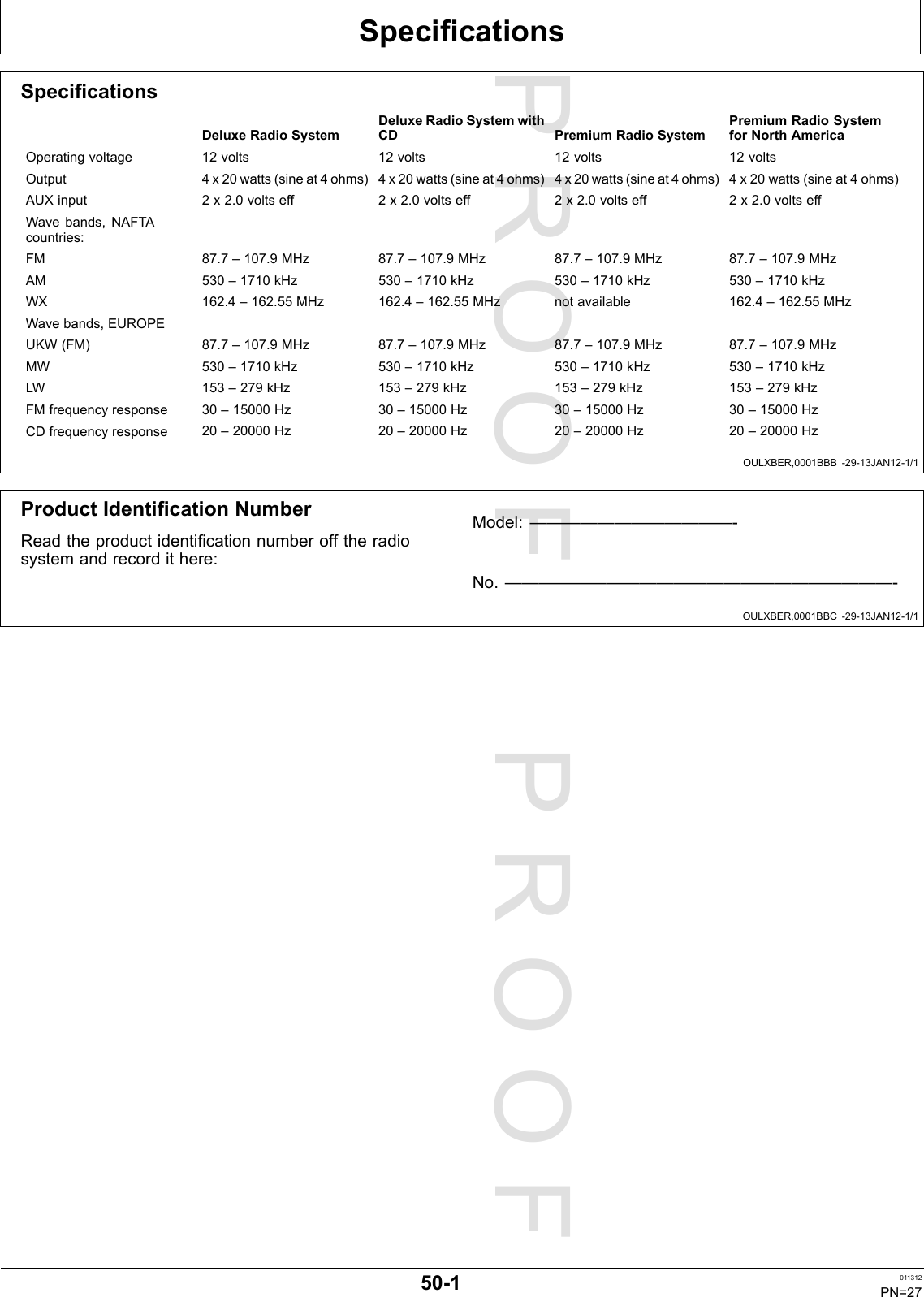 PROOFPROOFSpecicationsOULXBER,0001BBB-29-13JAN12-1/1OULXBER,0001BBC-29-13JAN12-1/1SpecicationsDeluxeRadioSystemDeluxeRadioSystemwithCDPremiumRadioSystemPremiumRadioSystemforNorthAmericaOperatingvoltage12volts12volts12volts12voltsOutput4x20watts(sineat4ohms)4x20watts(sineat4ohms)4x20watts(sineat4ohms)4x20watts(sineat4ohms)AUXinput2x2.0voltseff2x2.0voltseff2x2.0voltseff2x2.0voltseffWavebands,NAFTAcountries:FM87.7–107.9MHz87.7–107.9MHz87.7–107.9MHz87.7–107.9MHzAM530–1710kHz530–1710kHz530–1710kHz530–1710kHzWX162.4–162.55MHz162.4–162.55MHznotavailable162.4–162.55MHzWavebands,EUROPEUKW(FM)87.7–107.9MHz87.7–107.9MHz87.7–107.9MHz87.7–107.9MHzMW530–1710kHz530–1710kHz530–1710kHz530–1710kHzLW153–279kHz153–279kHz153–279kHz153–279kHzFMfrequencyresponse30–15000Hz30–15000Hz30–15000Hz30–15000HzCDfrequencyresponse20–20000Hz20–20000Hz20–20000Hz20–20000HzProductIdenticationNumberReadtheproductidenticationnumberofftheradiosystemandrecordithere:Model:————————————-No.———————————————————————-50-1011312PN=27