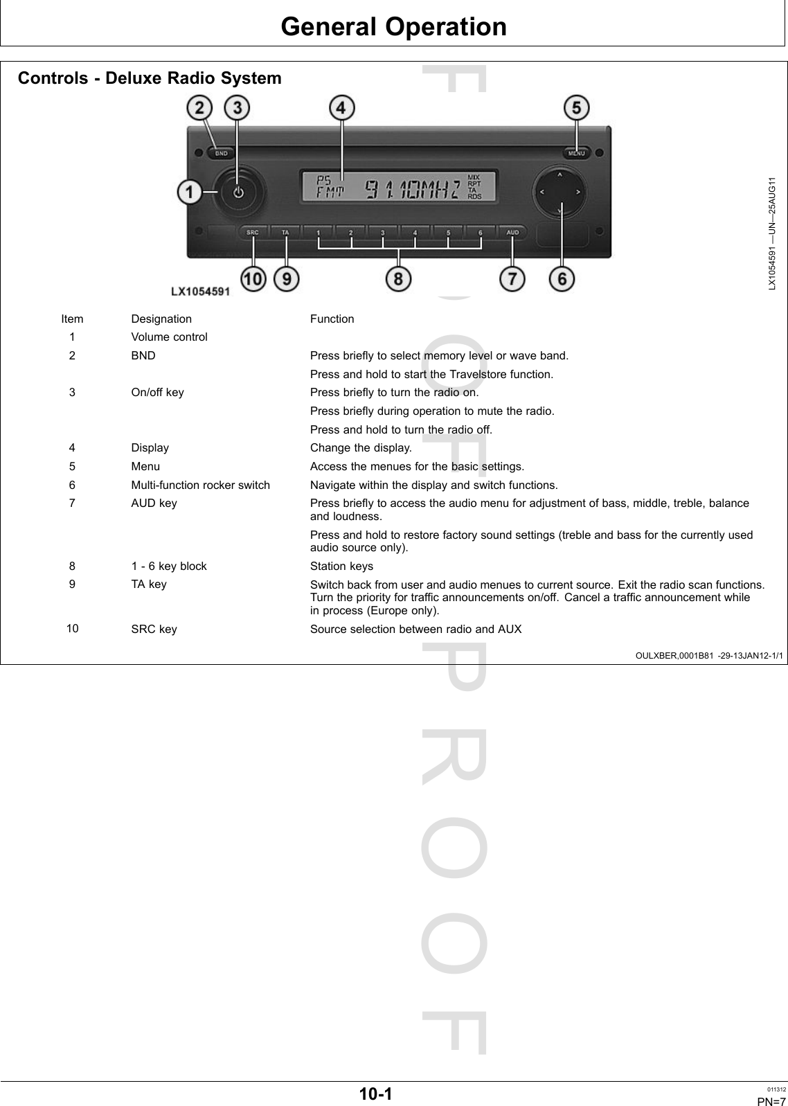 PROOFPROOFGeneralOperationOULXBER,0001B81-29-13JAN12-1/1Controls-DeluxeRadioSystemLX1054591—UN—25AUG11ItemDesignationFunction1Volumecontrol2BNDPressbrieytoselectmemorylevelorwaveband.PressandholdtostarttheTravelstorefunction.3On/offkeyPressbrieytoturntheradioon.Pressbrieyduringoperationtomutetheradio.Pressandholdtoturntheradiooff.4DisplayChangethedisplay.5MenuAccessthemenuesforthebasicsettings.6Multi-functionrockerswitchNavigatewithinthedisplayandswitchfunctions.7AUDkeyPressbrieytoaccesstheaudiomenuforadjustmentofbass,middle,treble,balanceandloudness.Pressandholdtorestorefactorysoundsettings(trebleandbassforthecurrentlyusedaudiosourceonly).81-6keyblockStationkeys9TAkeySwitchbackfromuserandaudiomenuestocurrentsource.Exittheradioscanfunctions.Turnthepriorityfortrafcannouncementson/off.Cancelatrafcannouncementwhileinprocess(Europeonly).10SRCkeySourceselectionbetweenradioandAUX10-1011312PN=7