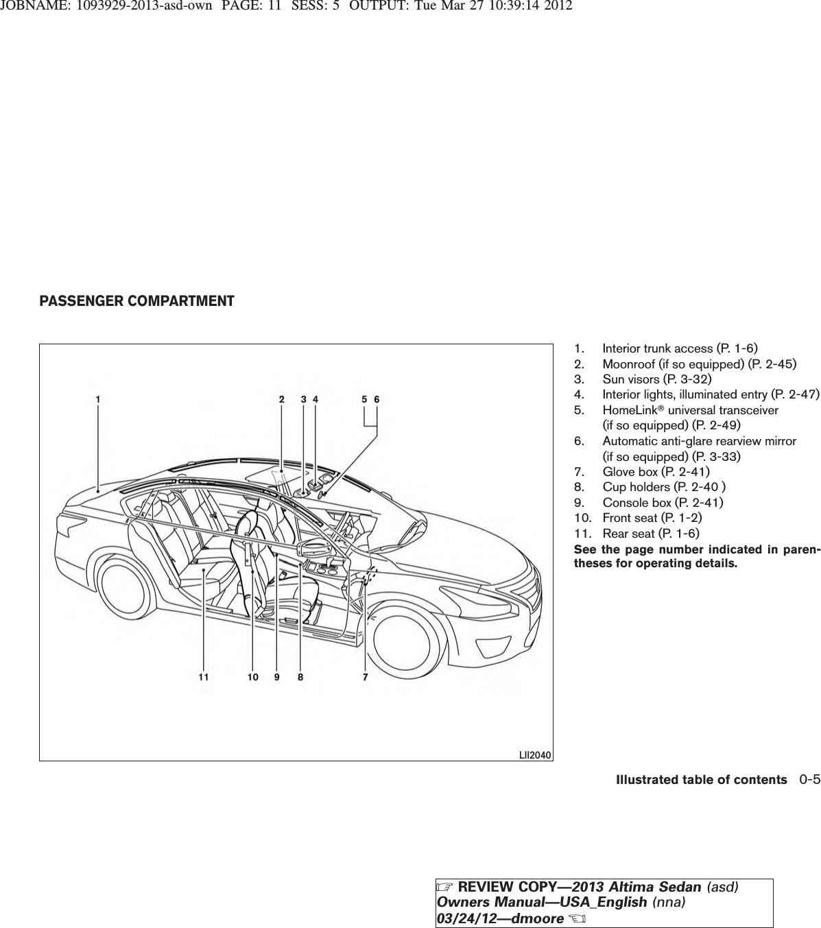 JOBNAME: 1093929-2013-asd-own PAGE: 11 SESS: 5 OUTPUT: Tue Mar 27 10:39:14 20121. Interior trunk access (P. 1-6)2. Moonroof (if so equipped) (P. 2-45)3. Sun visors (P. 3-32)4. Interior lights, illuminated entry (P. 2-47)5. HomeLinkTuniversal transceiver(if so equipped) (P. 2-49)6. Automatic anti-glare rearview mirror(if so equipped) (P. 3-33)7. Glove box (P. 2-41)8. Cup holders (P. 2-40 )9. Console box (P. 2-41)10. Front seat (P. 1-2)11. Rear seat (P. 1-6)See the page number indicated in paren-theses for operating details.LII2040PASSENGER COMPARTMENTIllustrated table of contents 0-5ZREVIEW COPY—2013 Altima Sedan (asd)Owners Manual—USA_English (nna)03/24/12—dmooreX