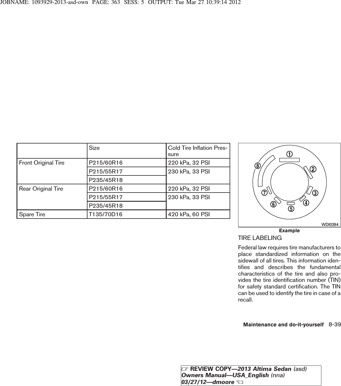 JOBNAME: 1093929-2013-asd-own PAGE: 363 SESS: 5 OUTPUT: Tue Mar 27 10:39:14 2012Size Cold Tire Inflation Pres-sureFront Original Tire P215/60R16 220 kPa, 32 PSIP215/55R17 230 kPa, 33 PSIP235/45R18Rear Original Tire P215/60R16 220 kPa, 32 PSIP215/55R17 230 kPa, 33 PSIP235/45R18Spare Tire T135/70D16 420 kPa, 60 PSITIRE LABELINGFederal law requires tire manufacturers toplace standardized information on thesidewall of all tires. This information iden-tifies and describes the fundamentalcharacteristics of the tire and also pro-vides the tire identification number (TIN)for safety standard certification. The TINcan be used to identify the tire in case of arecall.ExampleWDI0394Maintenance and do-it-yourself 8-39ZREVIEW COPY—2013 Altima Sedan (asd)Owners Manual—USA_English (nna)03/27/12—dmooreX