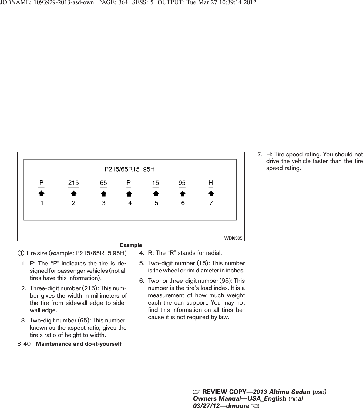 JOBNAME: 1093929-2013-asd-own PAGE: 364 SESS: 5 OUTPUT: Tue Mar 27 10:39:14 2012s1Tire size (example: P215/65R15 95H)1. P: The “P” indicates the tire is de-signed for passenger vehicles (not alltires have this information).2. Three-digit number (215): This num-ber gives the width in millimeters ofthe tire from sidewall edge to side-wall edge.3. Two-digit number (65): This number,known as the aspect ratio, gives thetire’s ratio of height to width.4. R: The “R” stands for radial.5. Two-digit number (15): This numberis the wheel or rim diameter in inches.6. Two- or three-digit number (95): Thisnumber is the tire’s load index. It is ameasurement of how much weighteach tire can support. You may notfind this information on all tires be-cause it is not required by law.7. H: Tire speed rating. You should notdrive the vehicle faster than the tirespeed rating.ExampleWDI03958-40 Maintenance and do-it-yourselfZREVIEW COPY—2013 Altima Sedan (asd)Owners Manual—USA_English (nna)03/27/12—dmooreX