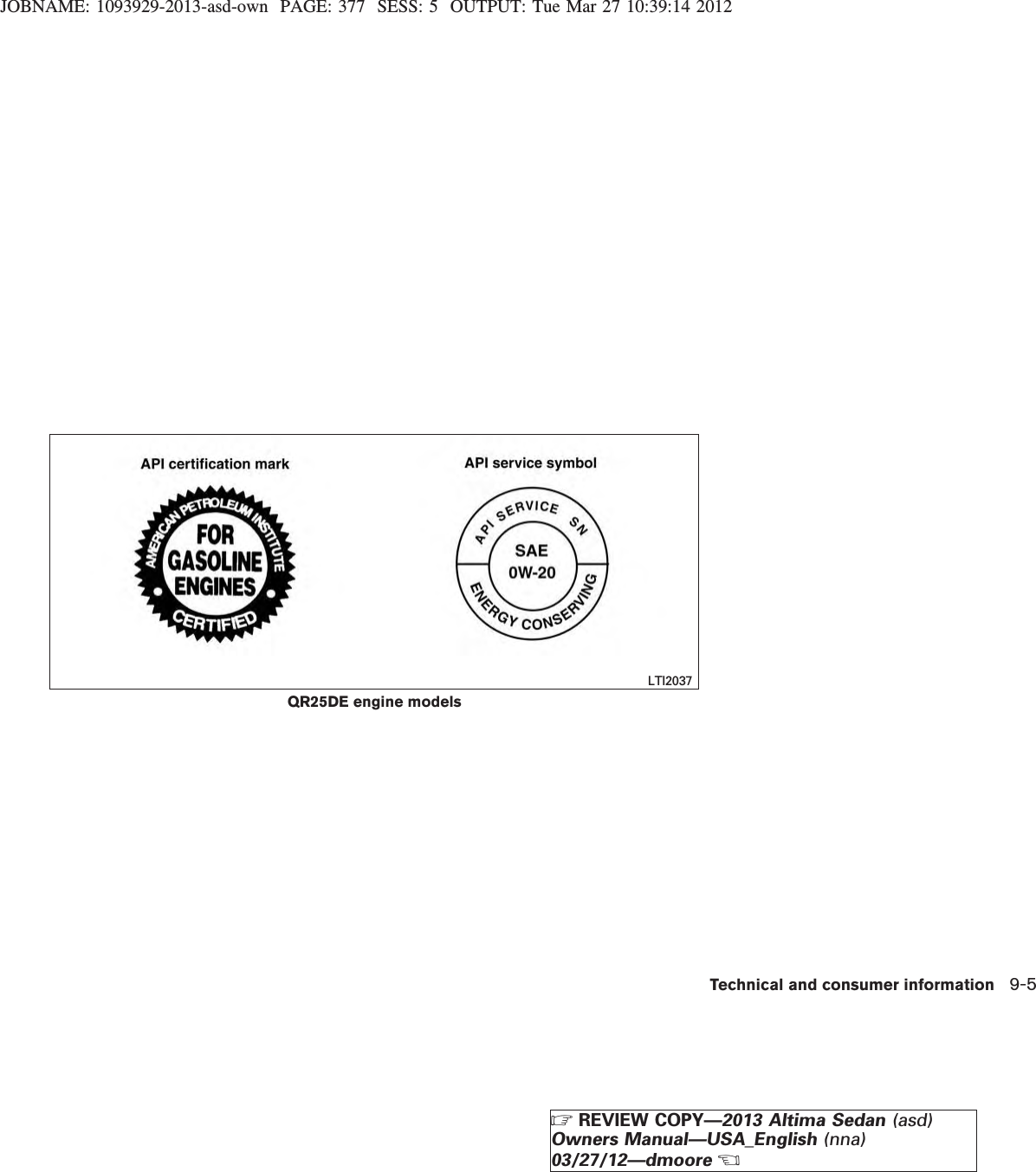 JOBNAME: 1093929-2013-asd-own PAGE: 377 SESS: 5 OUTPUT: Tue Mar 27 10:39:14 2012QR25DE engine modelsLTI2037Technical and consumer information 9-5ZREVIEW COPY—2013 Altima Sedan (asd)Owners Manual—USA_English (nna)03/27/12—dmooreX