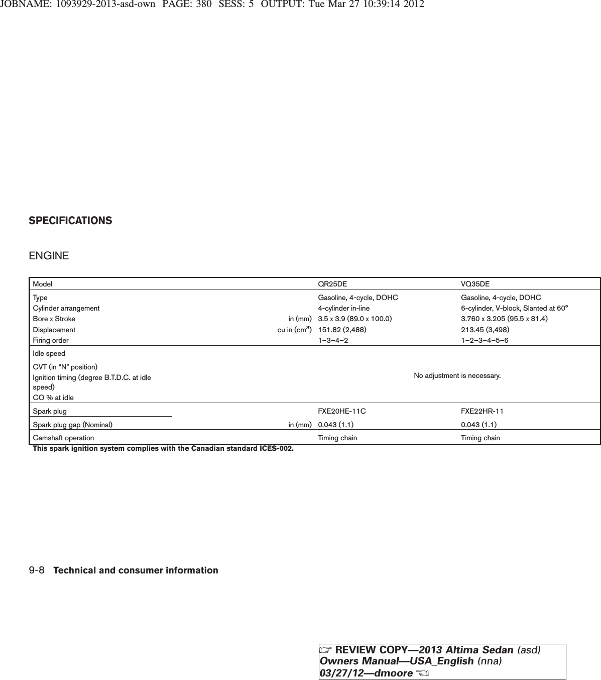 JOBNAME: 1093929-2013-asd-own PAGE: 380 SESS: 5 OUTPUT: Tue Mar 27 10:39:14 2012ENGINEModel QR25DE VQ35DEType Gasoline, 4-cycle, DOHC Gasoline, 4-cycle, DOHCCylinder arrangement 4-cylinder in-line 6-cylinder, V-block, Slanted at 60°Bore x Stroke in (mm) 3.5 x 3.9 (89.0 x 100.0) 3.760 x 3.205 (95.5 x 81.4)Displacement cu in (cm3) 151.82 (2,488) 213.45 (3,498)Firing order 1–3–4–2 1–2–3–4–5–6Idle speedNo adjustment is necessary.CVT (in “N” position)Ignition timing (degree B.T.D.C. at idlespeed)CO % at idleSpark plug FXE20HE-11C FXE22HR-11Spark plug gap (Nominal) in (mm) 0.043 (1.1) 0.043 (1.1)Camshaft operation Timing chain Timing chainThis spark ignition system complies with the Canadian standard ICES-002.SPECIFICATIONS9-8 Technical and consumer informationZREVIEW COPY—2013 Altima Sedan (asd)Owners Manual—USA_English (nna)03/27/12—dmooreX