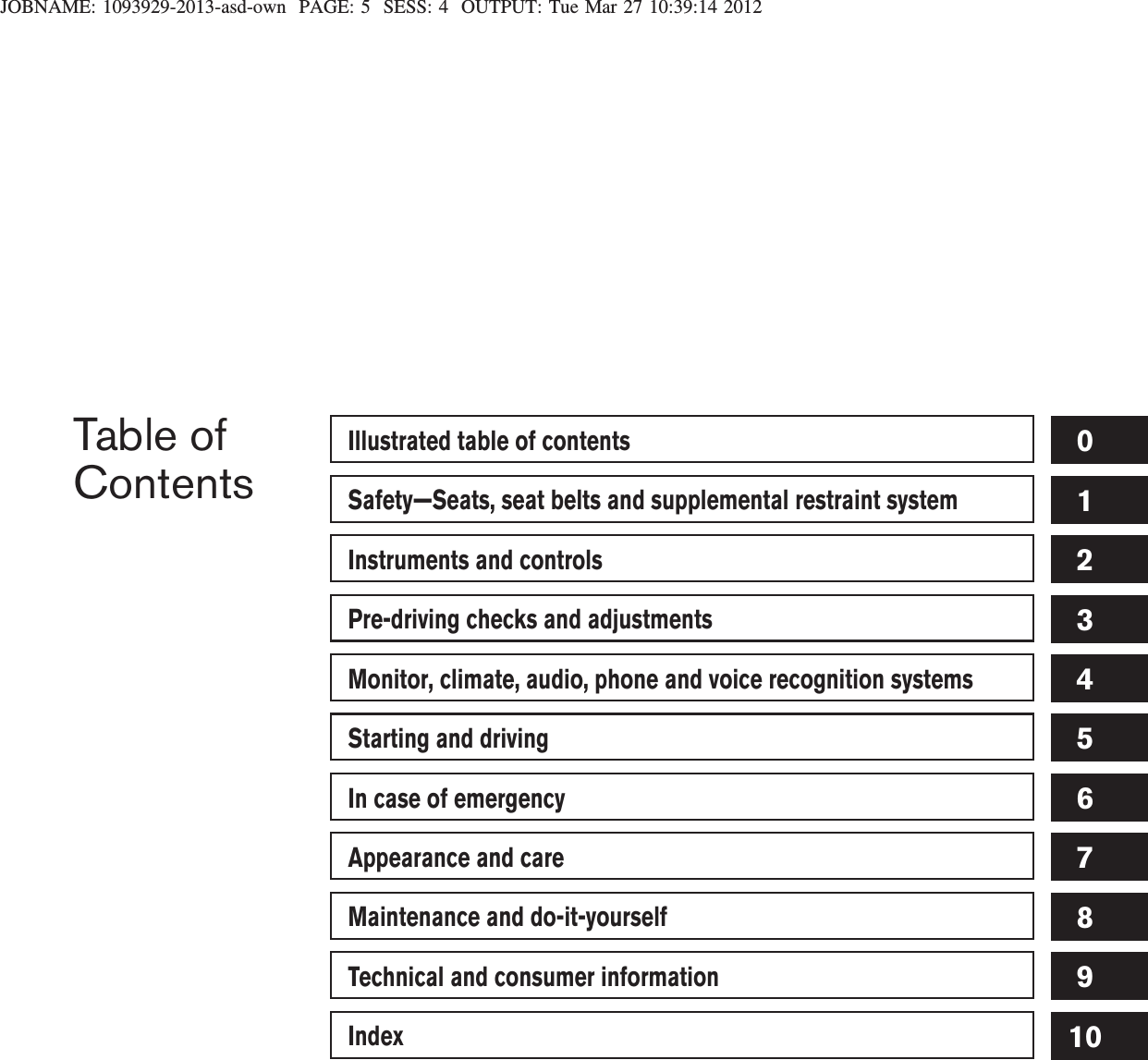 JOBNAME: 1093929-2013-asd-own PAGE: 5 SESS: 4 OUTPUT: Tue Mar 27 10:39:14 2012Table ofContentsIllustrated table of contentsSafety—Seats, seat belts and supplemental restraint systemInstruments and controlsPre-driving checks and adjustmentsMonitor, climate, audio, phone and voice recognition systemsStarting and drivingIn case of emergencyAppearance and careMaintenance and do-it-yourselfTechnical and consumer informationIndex012345678910