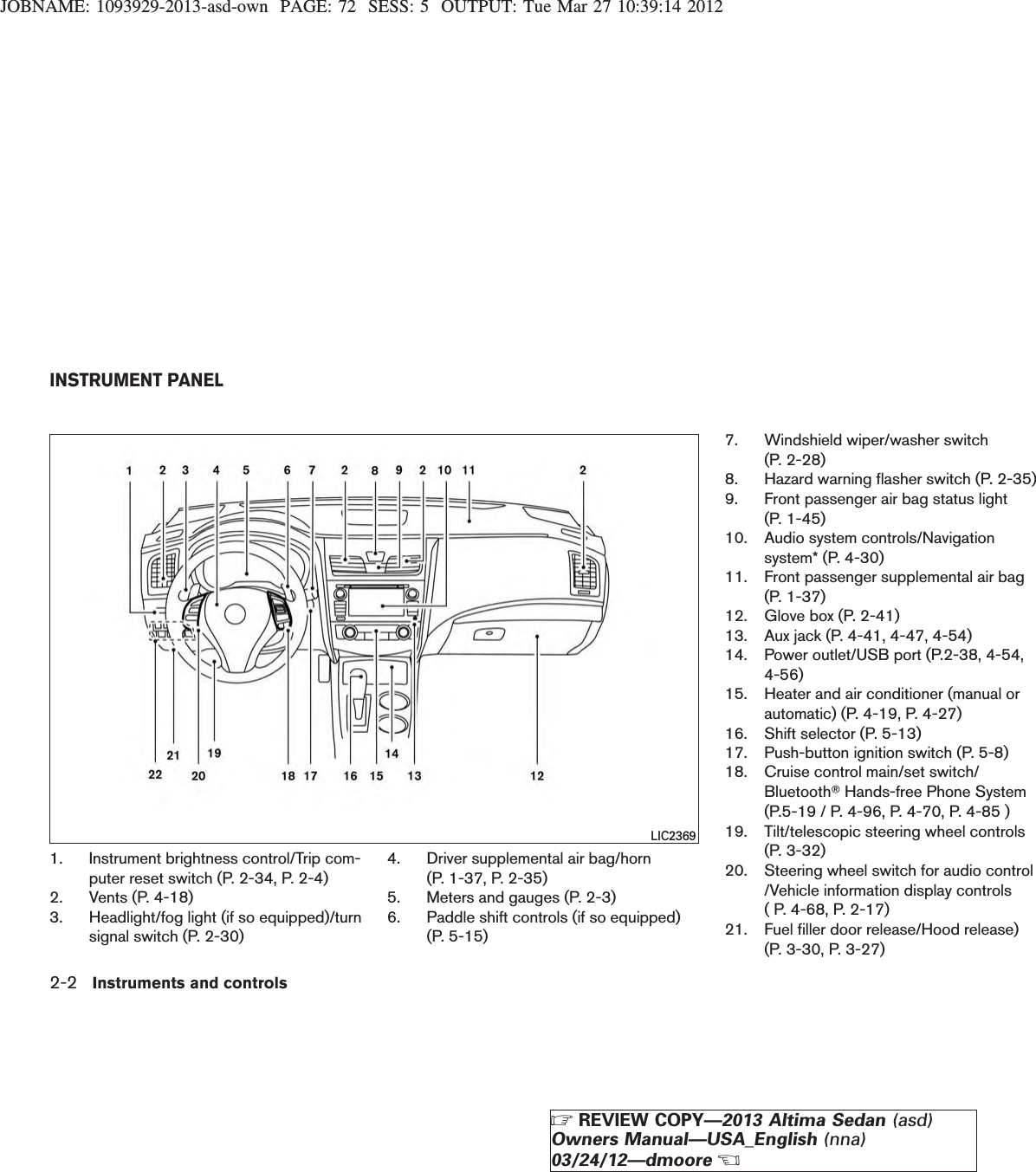 JOBNAME: 1093929-2013-asd-own PAGE: 72 SESS: 5 OUTPUT: Tue Mar 27 10:39:14 20121. Instrument brightness control/Trip com-puter reset switch (P. 2-34, P. 2-4)2. Vents (P. 4-18)3. Headlight/fog light (if so equipped)/turnsignal switch (P. 2-30)4. Driver supplemental air bag/horn(P. 1-37, P. 2-35)5. Meters and gauges (P. 2-3)6. Paddle shift controls (if so equipped)(P. 5-15)7. Windshield wiper/washer switch(P. 2-28)8. Hazard warning flasher switch (P. 2-35)9. Front passenger air bag status light(P. 1-45)10. Audio system controls/Navigationsystem* (P. 4-30)11. Front passenger supplemental air bag(P. 1-37)12. Glove box (P. 2-41)13. Aux jack (P. 4-41, 4-47, 4-54)14. Power outlet/USB port (P.2-38, 4-54,4-56)15. Heater and air conditioner (manual orautomatic) (P. 4-19, P. 4-27)16. Shift selector (P. 5-13)17. Push-button ignition switch (P. 5-8)18. Cruise control main/set switch/BluetoothTHands-free Phone System(P.5-19 / P. 4-96, P. 4-70, P. 4-85 )19. Tilt/telescopic steering wheel controls(P. 3-32)20. Steering wheel switch for audio control/Vehicle information display controls( P. 4-68, P. 2-17)21. Fuel filler door release/Hood release)(P. 3-30, P. 3-27)LIC2369INSTRUMENT PANEL2-2 Instruments and controlsZREVIEW COPY—2013 Altima Sedan (asd)Owners Manual—USA_English (nna)03/24/12—dmooreX