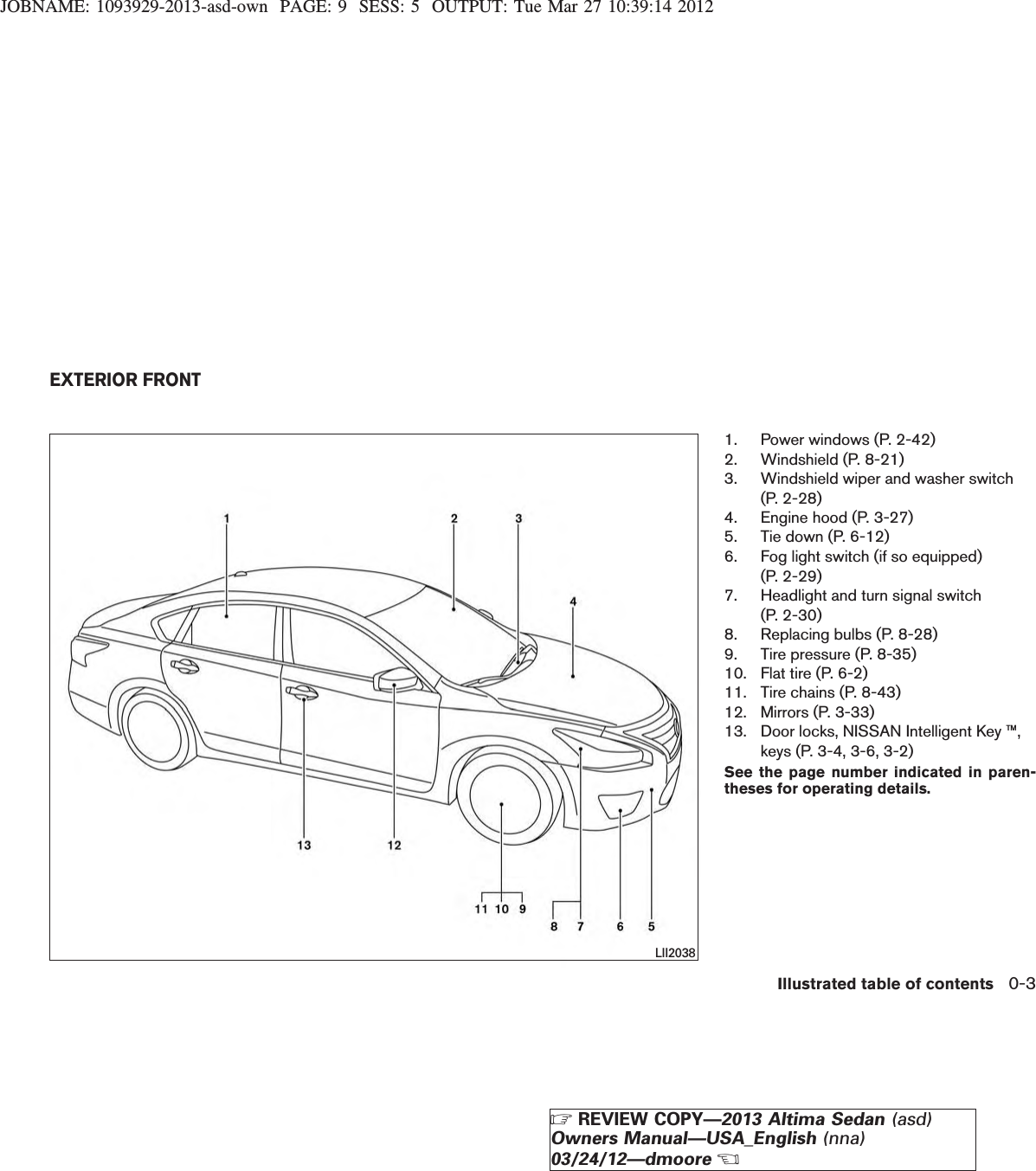 JOBNAME: 1093929-2013-asd-own PAGE: 9 SESS: 5 OUTPUT: Tue Mar 27 10:39:14 20121. Power windows (P. 2-42)2. Windshield (P. 8-21)3. Windshield wiper and washer switch(P. 2-28)4. Engine hood (P. 3-27)5. Tie down (P. 6-12)6. Fog light switch (if so equipped)(P. 2-29)7. Headlight and turn signal switch(P. 2-30)8. Replacing bulbs (P. 8-28)9. Tire pressure (P. 8-35)10. Flat tire (P. 6-2)11. Tire chains (P. 8-43)12. Mirrors (P. 3-33)13. Door locks, NISSAN Intelligent Key ™,keys (P. 3-4, 3-6, 3-2)See the page number indicated in paren-theses for operating details.LII2038EXTERIOR FRONTIllustrated table of contents 0-3ZREVIEW COPY—2013 Altima Sedan (asd)Owners Manual—USA_English (nna)03/24/12—dmooreX