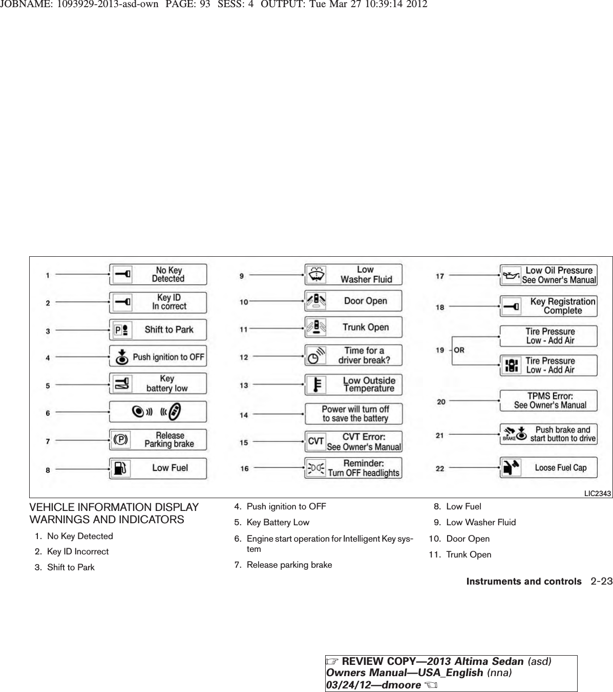 JOBNAME: 1093929-2013-asd-own PAGE: 93 SESS: 4 OUTPUT: Tue Mar 27 10:39:14 2012VEHICLE INFORMATION DISPLAYWARNINGS AND INDICATORS1. No Key Detected2. Key ID Incorrect3. Shift to Park4. Push ignition to OFF5. Key Battery Low6. Engine start operation for Intelligent Key sys-tem7. Release parking brake8. Low Fuel9. Low Washer Fluid10. Door Open11. Trunk OpenLIC2343Instruments and controls 2-23ZREVIEW COPY—2013 Altima Sedan (asd)Owners Manual—USA_English (nna)03/24/12—dmooreX