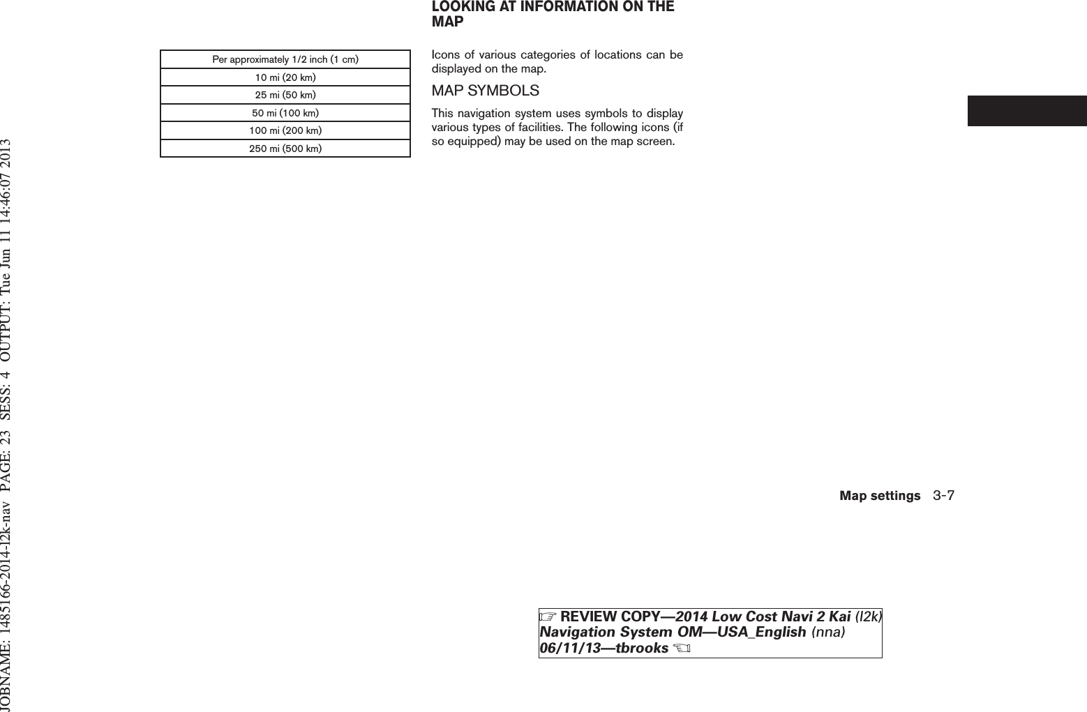 JOBNAME: 1485166-2014-l2k-nav PAGE: 23 SESS: 4 OUTPUT: Tue Jun 11 14:46:07 2013Per approximately 1/2 inch (1 cm)10 mi (20 km)25 mi (50 km)50 mi (100 km)100 mi (200 km)250 mi (500 km)Icons of various categories of locations can bedisplayed on the map.MAP SYMBOLSThis navigation system uses symbols to displayvarious types of facilities. The following icons (ifso equipped) may be used on the map screen.LOOKING AT INFORMATION ON THEMAPMap settings 3-7ZREVIEW COPY—2014 Low Cost Navi 2 Kai (l2k)Navigation System OM—USA_English (nna)06/11/13—tbrooksX