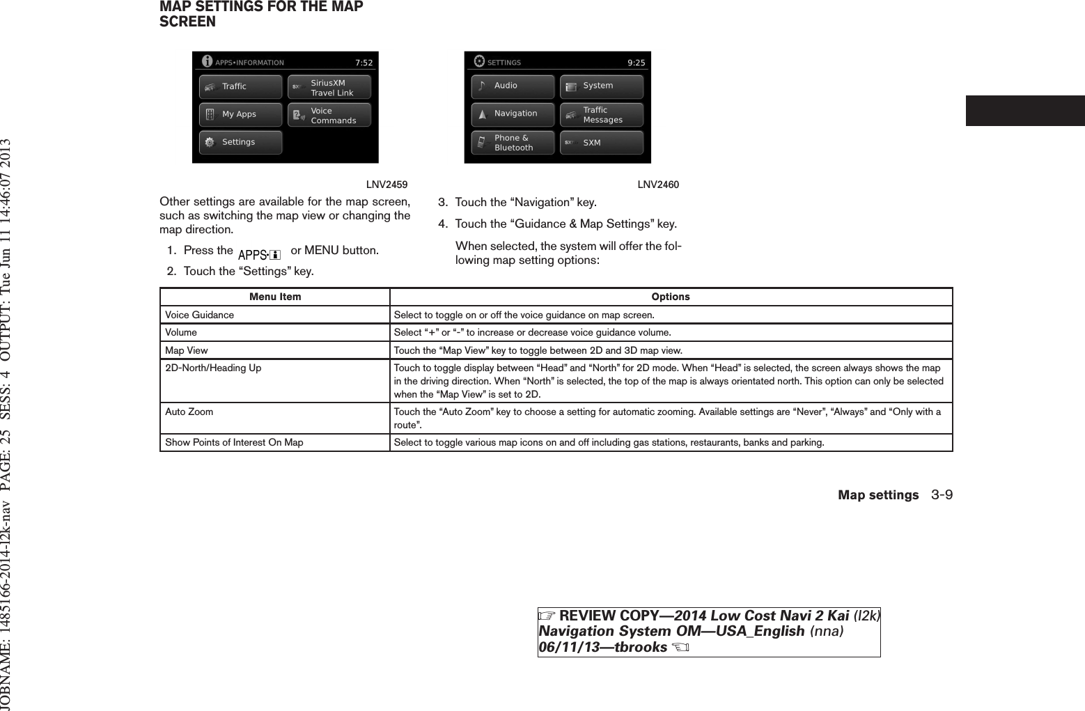 JOBNAME: 1485166-2014-l2k-nav PAGE: 25 SESS: 4 OUTPUT: Tue Jun 11 14:46:07 2013Other settings are available for the map screen,such as switching the map view or changing themap direction.1. Press the or MENU button.2. Touch the “Settings” key.3. Touch the “Navigation” key.4. Touch the “Guidance &amp; Map Settings” key.When selected, the system will offer the fol-lowing map setting options:Menu Item OptionsVoice Guidance Select to toggle on or off the voice guidance on map screen.Volume Select “+” or “-” to increase or decrease voice guidance volume.Map View Touch the “Map View” key to toggle between 2D and 3D map view.2D-North/Heading Up Touch to toggle display between “Head” and “North” for 2D mode. When “Head” is selected, the screen always shows the mapin the driving direction. When “North” is selected, the top of the map is always orientated north. This option can only be selectedwhen the “Map View” is set to 2D.Auto Zoom Touch the “Auto Zoom” key to choose a setting for automatic zooming. Available settings are “Never”, “Always” and “Only with aroute”.Show Points of Interest On Map Select to toggle various map icons on and off including gas stations, restaurants, banks and parking.LNV2459 LNV2460MAP SETTINGS FOR THE MAPSCREENMap settings 3-9ZREVIEW COPY—2014 Low Cost Navi 2 Kai (l2k)Navigation System OM—USA_English (nna)06/11/13—tbrooksX