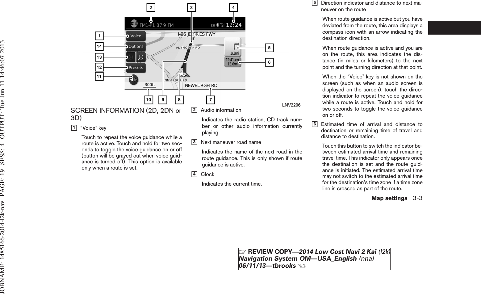 JOBNAME: 1485166-2014-l2k-nav PAGE: 19 SESS: 4 OUTPUT: Tue Jun 11 14:46:07 2013SCREEN INFORMATION (2D, 2DN or3D)h1“Voice” keyTouch to repeat the voice guidance while aroute is active. Touch and hold for two sec-onds to toggle the voice guidance on or off(button will be grayed out when voice guid-ance is turned off). This option is availableonly when a route is set.h2Audio informationIndicates the radio station, CD track num-ber or other audio information currentlyplaying.h3Next maneuver road nameIndicates the name of the next road in theroute guidance. This is only shown if routeguidance is active.h4ClockIndicates the current time.h5Direction indicator and distance to next ma-neuver on the routeWhen route guidance is active but you havedeviated from the route, this area displays acompass icon with an arrow indicating thedestination direction.When route guidance is active and you areon the route, this area indicates the dis-tance (in miles or kilometers) to the nextpoint and the turning direction at that point.When the “Voice” key is not shown on thescreen (such as when an audio screen isdisplayed on the screen), touch the direc-tion indicator to repeat the voice guidancewhile a route is active. Touch and hold fortwo seconds to toggle the voice guidanceon or off.h6Estimated time of arrival and distance todestination or remaining time of travel anddistance to destination.Touch this button to switch the indicator be-tween estimated arrival time and remainingtravel time. This indicator only appears oncethe destination is set and the route guid-ance is initiated. The estimated arrival timemay not switch to the estimated arrival timefor the destination’s time zone if a time zoneline is crossed as part of the route.LNV2206Map settings 3-3ZREVIEW COPY—2014 Low Cost Navi 2 Kai (l2k)Navigation System OM—USA_English (nna)06/11/13—tbrooksX