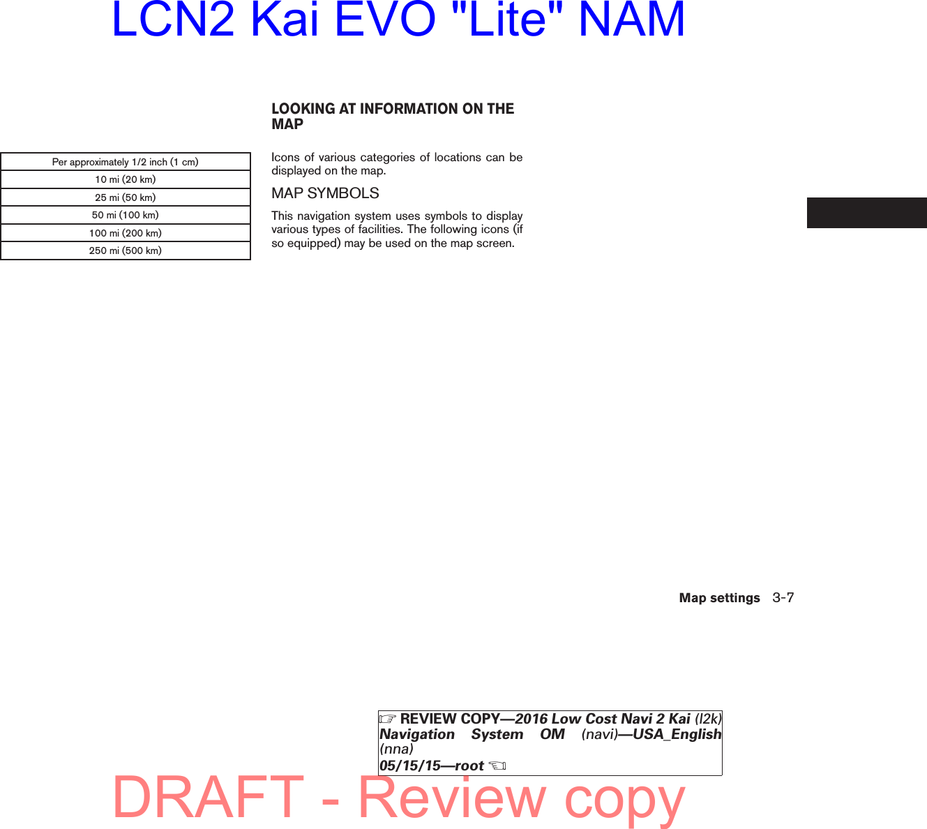 Per approximately 1/2 inch (1 cm)10 mi (20 km)25 mi (50 km)50 mi (100 km)100 mi (200 km)250 mi (500 km)Icons of various categories of locations can bedisplayed on the map.MAP SYMBOLSThis navigation system uses symbols to displayvarious types of facilities. The following icons (ifso equipped) may be used on the map screen.LOOKING AT INFORMATION ON THEMAPMap settings 3-7ZREVIEW COPY—2016 Low Cost Navi 2 Kai (l2k)Navigation System OM (navi)—USA_English(nna)05/15/15—rootXDRAFT - Review copyLCN2 Kai EVO &quot;Lite&quot; NAM