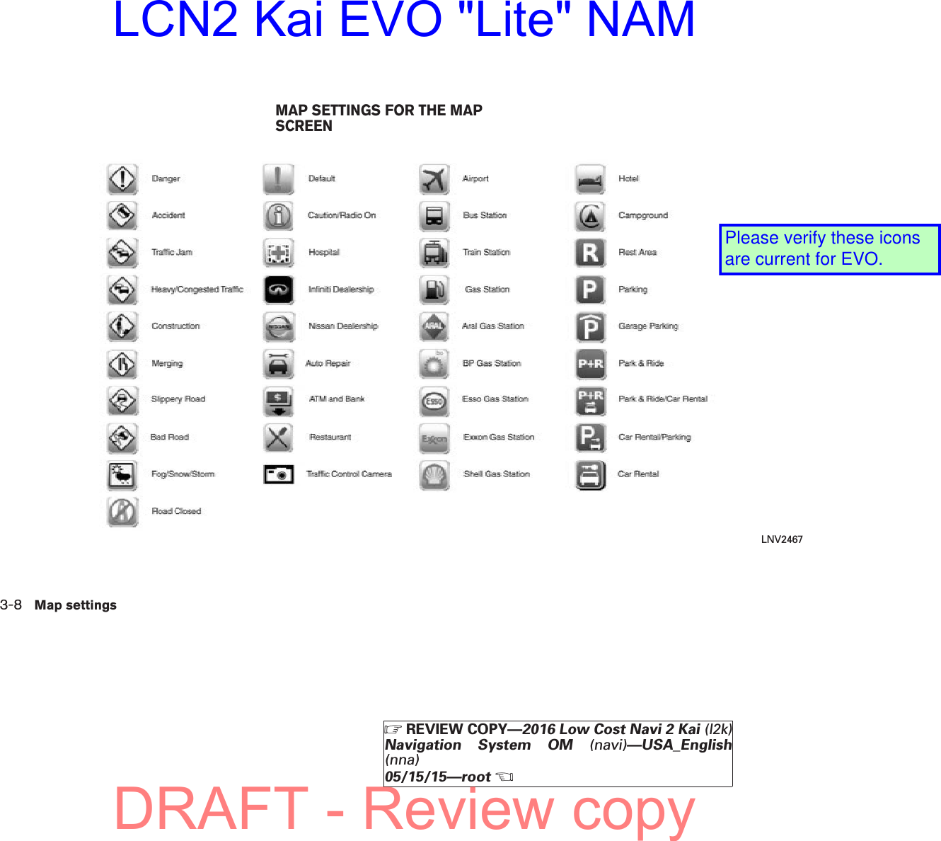 LNV2467MAP SETTINGS FOR THE MAPSCREEN3-8 Map settingsZREVIEW COPY—2016 Low Cost Navi 2 Kai (l2k)Navigation System OM (navi)—USA_English(nna)05/15/15—rootXDRAFT - Review copyLCN2 Kai EVO &quot;Lite&quot; NAMPlease verify these icons are current for EVO.