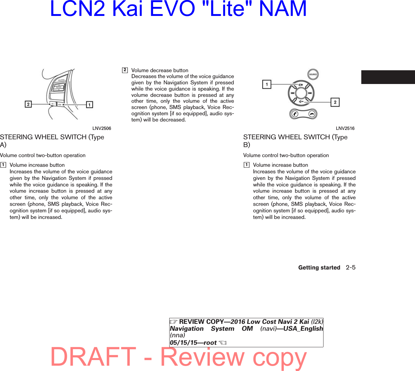 STEERING WHEEL SWITCH (TypeA)Volume control two-button operationᮀ1Volume increase buttonIncreases the volume of the voice guidancegiven by the Navigation System if pressedwhile the voice guidance is speaking. If thevolume increase button is pressed at anyother time, only the volume of the activescreen (phone, SMS playback, Voice Rec-ognition system [if so equipped], audio sys-tem) will be increased.ᮀ2Volume decrease buttonDecreases the volume of the voice guidancegiven by the Navigation System if pressedwhile the voice guidance is speaking. If thevolume decrease button is pressed at anyother time, only the volume of the activescreen (phone, SMS playback, Voice Rec-ognition system [if so equipped], audio sys-tem) will be decreased.STEERING WHEEL SWITCH (TypeB)Volume control two-button operationᮀ1Volume increase buttonIncreases the volume of the voice guidancegiven by the Navigation System if pressedwhile the voice guidance is speaking. If thevolume increase button is pressed at anyother time, only the volume of the activescreen (phone, SMS playback, Voice Rec-ognition system [if so equipped], audio sys-tem) will be increased.LNV2506 LNV2516Getting started 2-5੬REVIEW COPY—2016 Low Cost Navi 2 Kai (l2k)Navigation System OM (navi)—USA_English(nna)05/15/15—root੭DRAFT - Review copyLCN2 Kai EVO &quot;Lite&quot; NAM