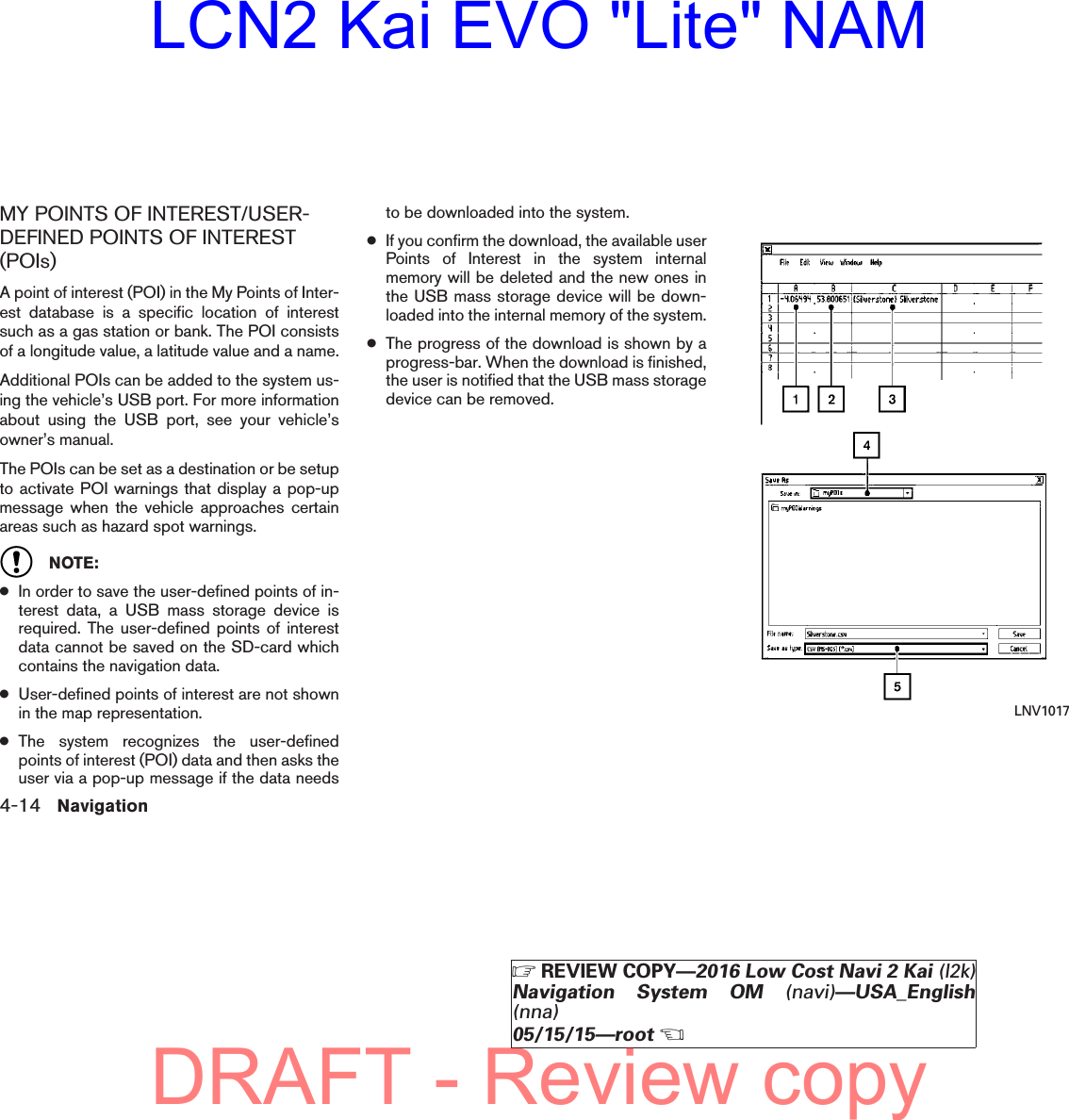 MY POINTS OF INTEREST/USER-DEFINED POINTS OF INTEREST(POIs)A point of interest (POI) in the My Points of Inter-est database is a specific location of interestsuch as a gas station or bank. The POI consistsof a longitude value, a latitude value and a name.Additional POIs can be added to the system us-ing the vehicle’s USB port. For more informationabout using the USB port, see your vehicle’sowner’s manual.The POIs can be set as a destination or be setupto activate POI warnings that display a pop-upmessage when the vehicle approaches certainareas such as hazard spot warnings.NOTE:●In order to save the user-defined points of in-terest data, a USB mass storage device isrequired. The user-defined points of interestdata cannot be saved on the SD-card whichcontains the navigation data.●User-defined points of interest are not shownin the map representation.●The system recognizes the user-definedpoints of interest (POI) data and then asks theuser via a pop-up message if the data needsto be downloaded into the system.●If you confirm the download, the available userPoints of Interest in the system internalmemory will be deleted and the new ones inthe USB mass storage device will be down-loaded into the internal memory of the system.●The progress of the download is shown by aprogress-bar. When the download is finished,the user is notified that the USB mass storagedevice can be removed.LNV10174-14 Navigation੬REVIEW COPY—2016 Low Cost Navi 2 Kai (l2k)Navigation System OM (navi)—USA_English(nna)05/15/15—root੭DRAFT - Review copyLCN2 Kai EVO &quot;Lite&quot; NAM