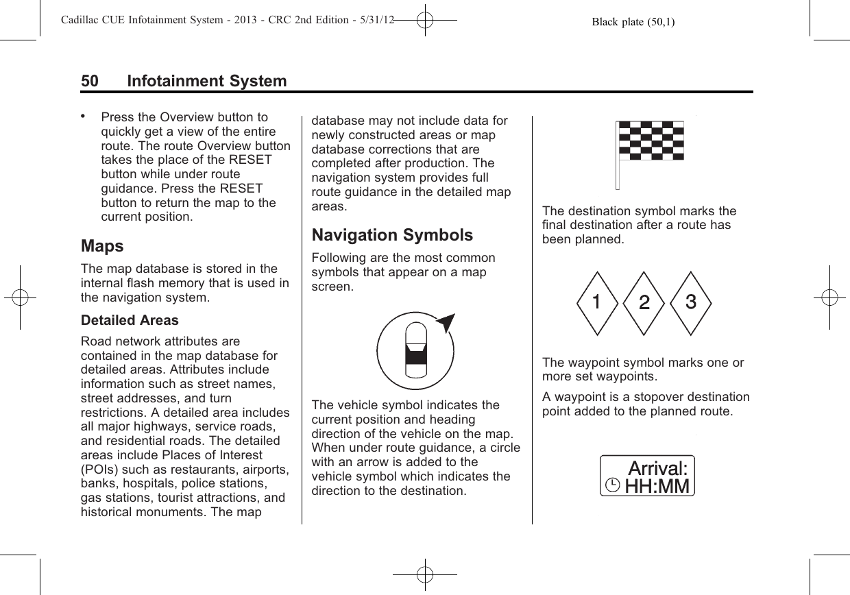 Black plate (50,1)Cadillac CUE Infotainment System - 2013 - CRC 2nd Edition - 5/31/1250 Infotainment System.Press the Overview button toquickly get a view of the entireroute. The route Overview buttontakes the place of the RESETbutton while under routeguidance. Press the RESETbutton to return the map to thecurrent position.MapsThe map database is stored in theinternal flash memory that is used inthe navigation system.Detailed AreasRoad network attributes arecontained in the map database fordetailed areas. Attributes includeinformation such as street names,street addresses, and turnrestrictions. A detailed area includesall major highways, service roads,and residential roads. The detailedareas include Places of Interest(POIs) such as restaurants, airports,banks, hospitals, police stations,gas stations, tourist attractions, andhistorical monuments. The mapdatabase may not include data fornewly constructed areas or mapdatabase corrections that arecompleted after production. Thenavigation system provides fullroute guidance in the detailed mapareas.Navigation SymbolsFollowing are the most commonsymbols that appear on a mapscreen.The vehicle symbol indicates thecurrent position and headingdirection of the vehicle on the map.When under route guidance, a circlewith an arrow is added to thevehicle symbol which indicates thedirection to the destination.The destination symbol marks thefinal destination after a route hasbeen planned.The waypoint symbol marks one ormore set waypoints.A waypoint is a stopover destinationpoint added to the planned route.