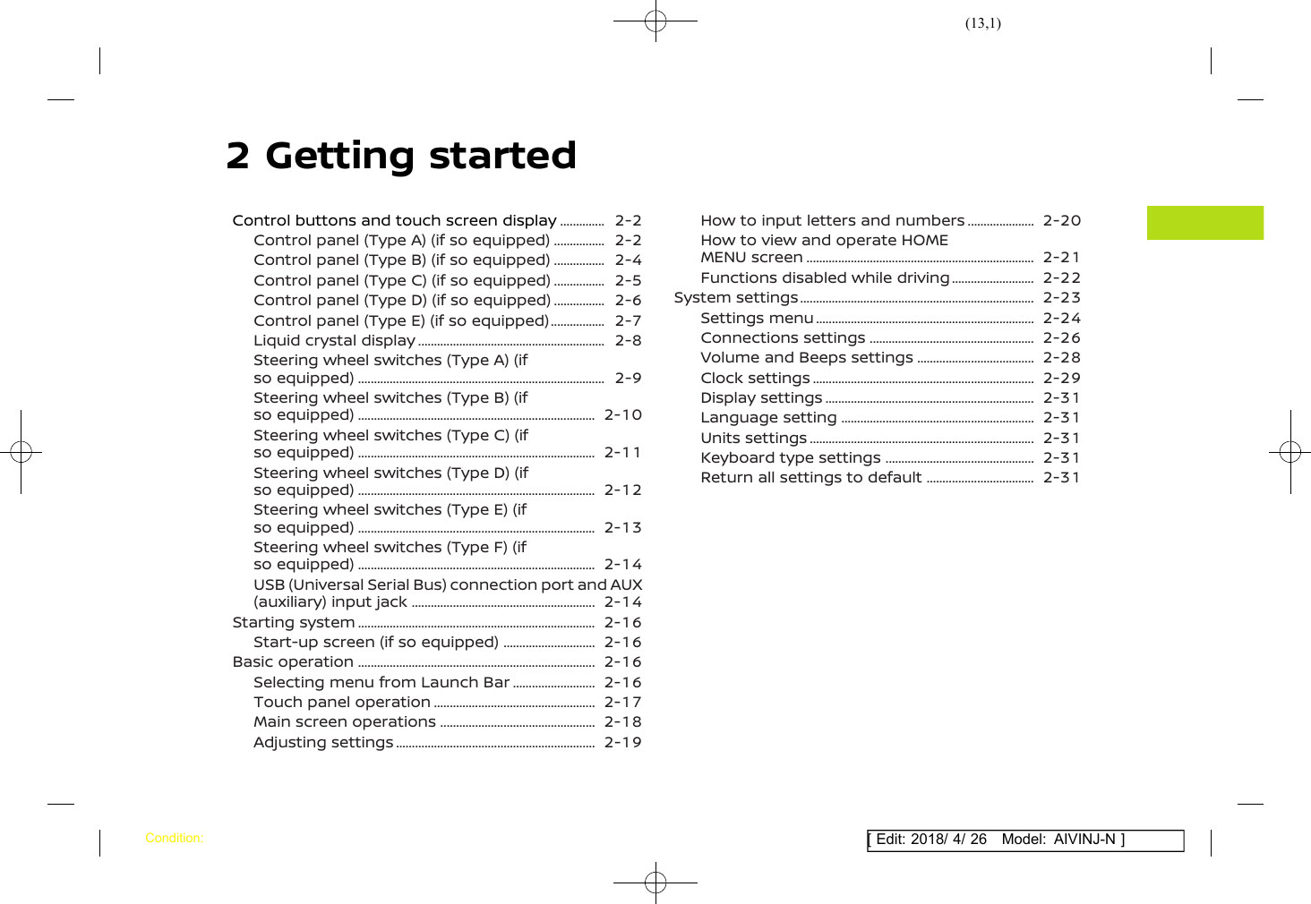 (13,1)[ Edit: 2018/ 4/ 26 Model: AIVINJ-N ]2 Getting startedControl buttons and touch screen display ................. 2-2Control panel (Type A) (if so equipped) ................... 2-2Control panel (Type B) (if so equipped) ................... 2-4Control panel (Type C) (if so equipped) ................... 2-5Control panel (Type D) (if so equipped) ................... 2-6Control panel (Type E) (if so equipped) .................... 2-7Liquid crystal display .............................................................. 2-8Steering wheel switches (Type A) (ifso equipped) ................................................................................. 2-9Steering wheel switches (Type B) (ifso equipped) .............................................................................. 2-10Steering wheel switches (Type C) (ifso equipped) .............................................................................. 2-11Steering wheel switches (Type D) (ifso equipped) .............................................................................. 2-12Steering wheel switches (Type E) (ifso equipped) .............................................................................. 2-13Steering wheel switches (Type F) (ifso equipped) .............................................................................. 2-14USB (Universal Serial Bus) connection port and AUX(auxiliary) input jack ............................................................. 2-14Starting system .............................................................................. 2-16Start-up screen (if so equipped) ................................ 2-16Basic operation .............................................................................. 2-16Selecting menu from Launch Bar ............................. 2-16Touch panel operation ...................................................... 2-17Main screen operations .................................................... 2-18Adjusting settings .................................................................. 2-19How to input letters and numbers ........................ 2-20How to view and operate HOMEMENU screen ........................................................................... 2-21Functions disabled while driving ............................. 2-22System settings ............................................................................. 2-23Settings menu ........................................................................ 2-24Connections settings ....................................................... 2-26Volume and Beeps settings ........................................ 2-28Clock settings ......................................................................... 2-29Display settings ..................................................................... 2-31Language setting ................................................................ 2-31Units settings .......................................................................... 2-31Keyboard type settings .................................................. 2-31Return all settings to default ..................................... 2-31Condition:
